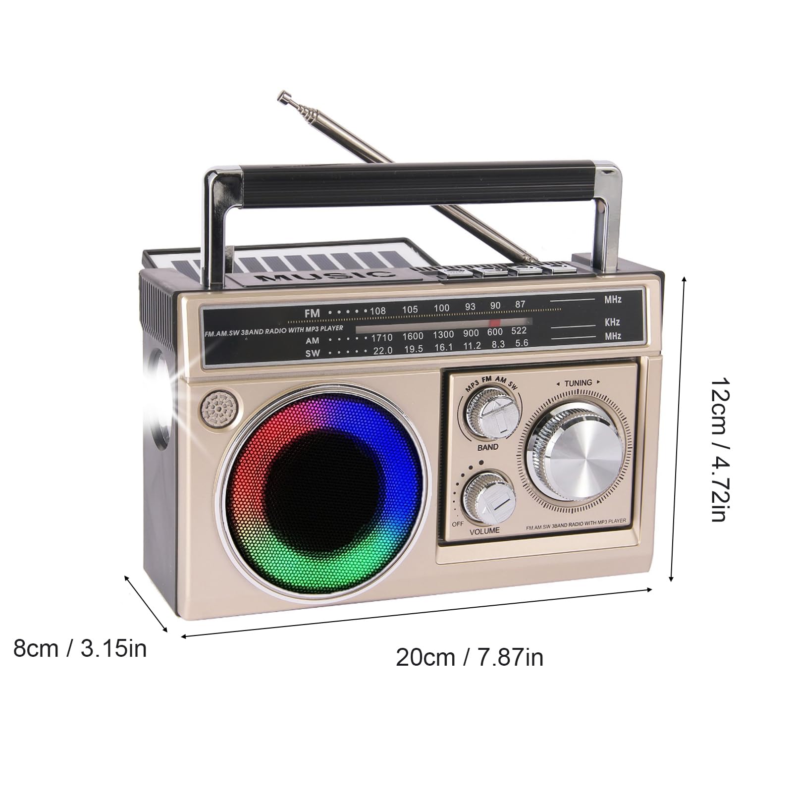 Haut-Parleur Radio BT Portable, Lampe de Poche LED Stéréo 5 W, Radio Extérieure FM AM SW avec Véritable Stéréo sans Fil pour la Maison, Le Camping, Les Voyages (Gold)