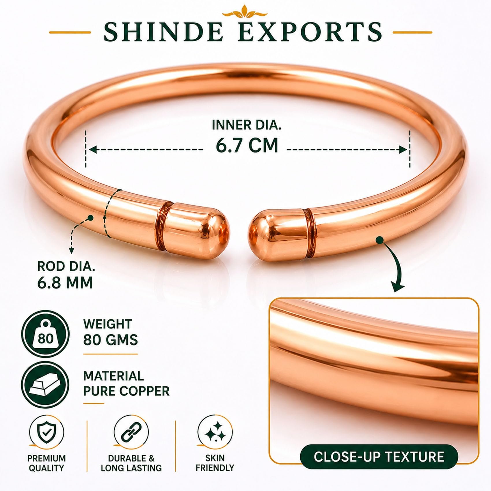 SHINDE EXPORTS Heavy Pure Copper thick Bracelet Bangle Unisex Kada Solid Handmade Cuff 80gms for Men & Women (round 80gms) 3