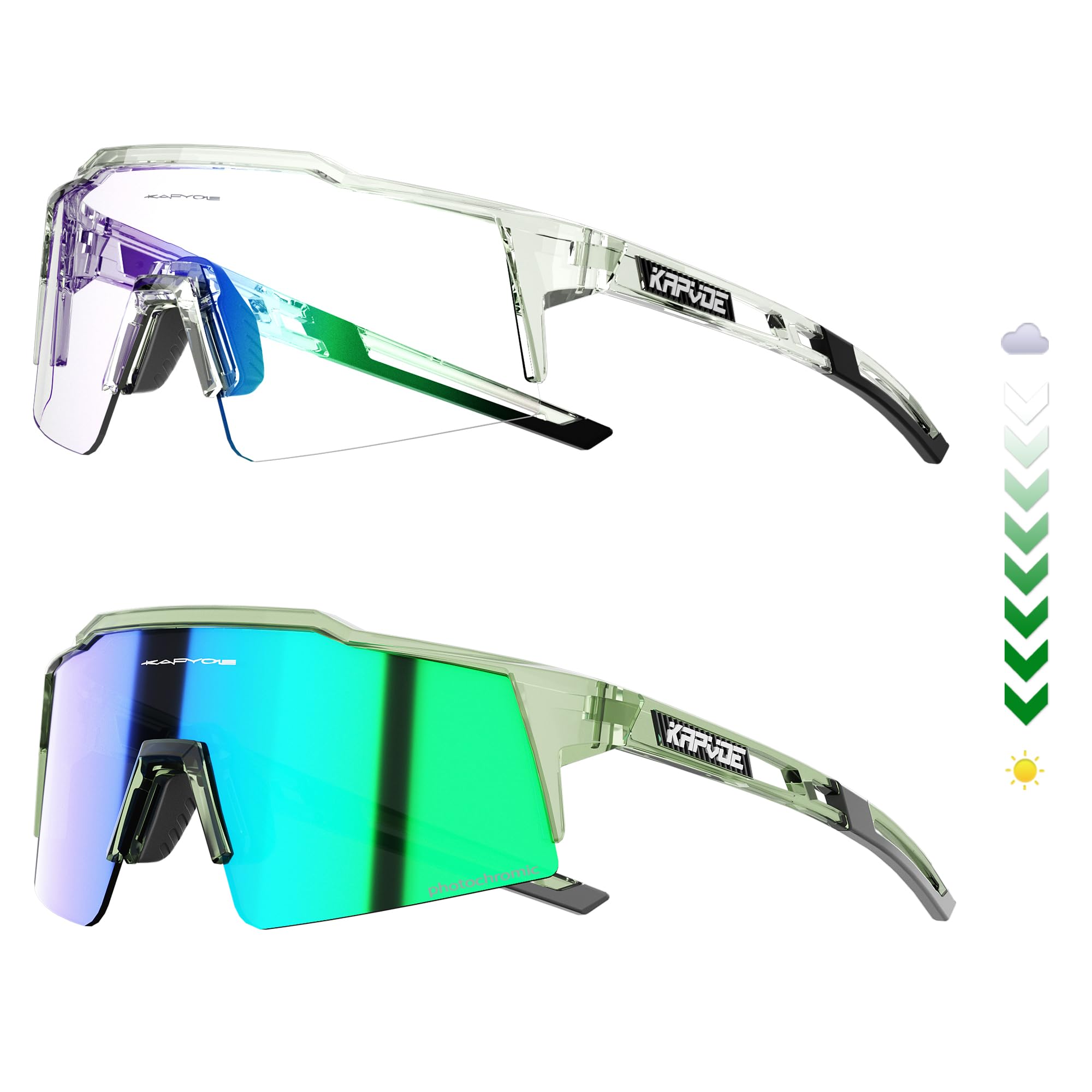 KAPVOE Occhiali da ciclismo fotocromatici UV400 uomo donna TR90 K9023 | Tecnologia fotocromatica full frame, Protezione UV400, Struttura TR90 e supporto interno integrato