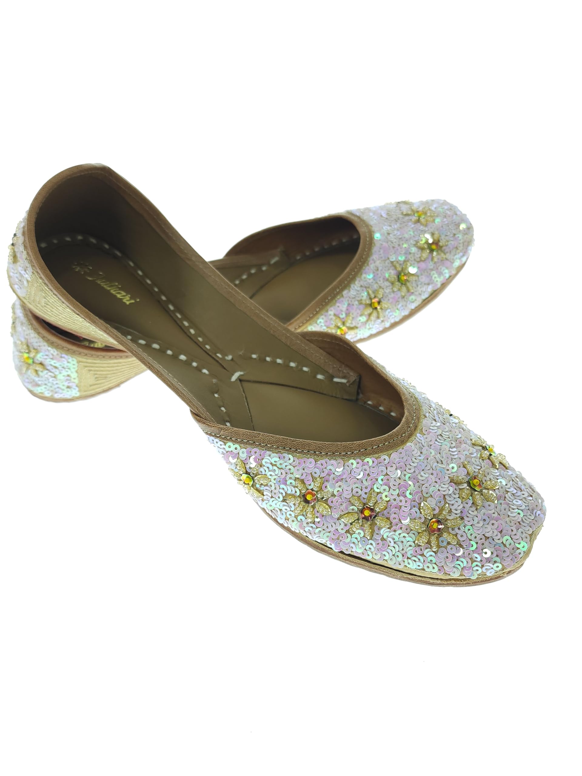 Women Sequin Pink Gold Genuine Soft Leather Embroidered Jutis | Bite and Pinch Free Jutti | Punjabi Formal Juttis | Girl's Wedding Flat Ladies Mojari | Formal Ethnic Juti |-image-35