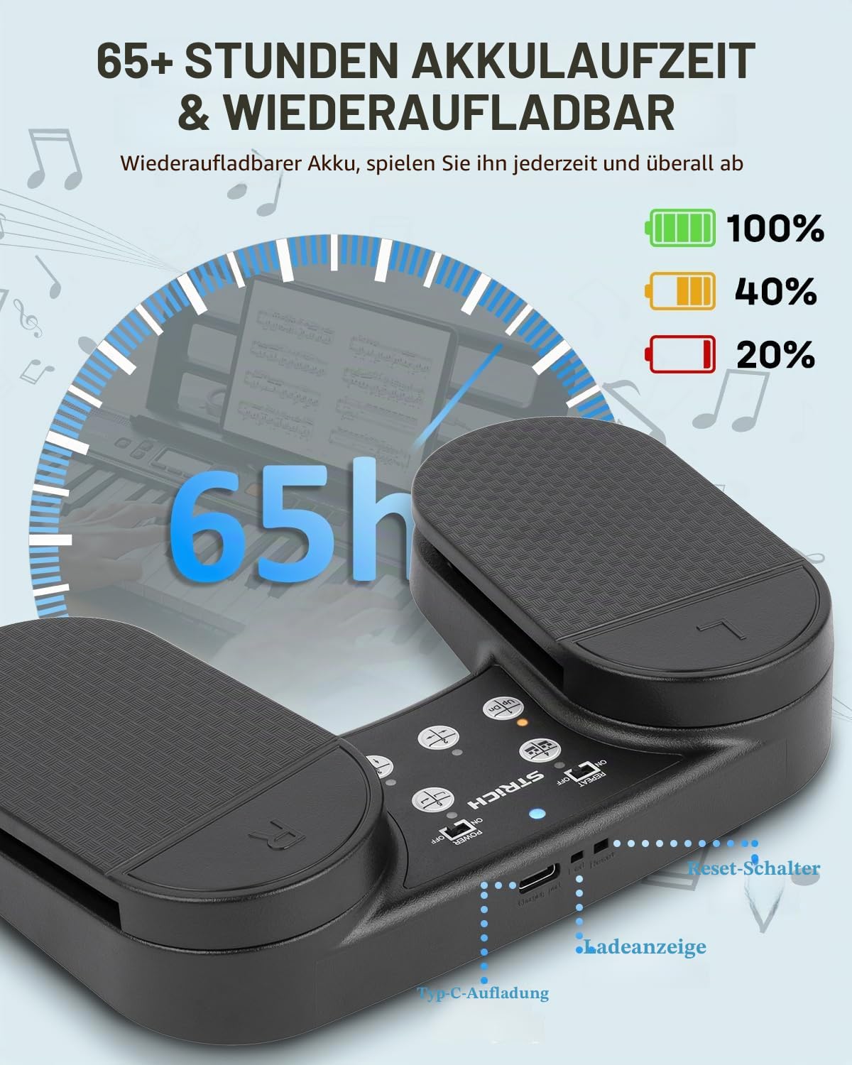 STRICH Drahtloser Page Turner Pedal für iPad, Wiederaufladbares Musikseitenumblätter-Pedal, 5 Modi, USB Lautloses Fußpedal für Tablets, iPad Pro, Instrumente Spielen, PC, SPT-10