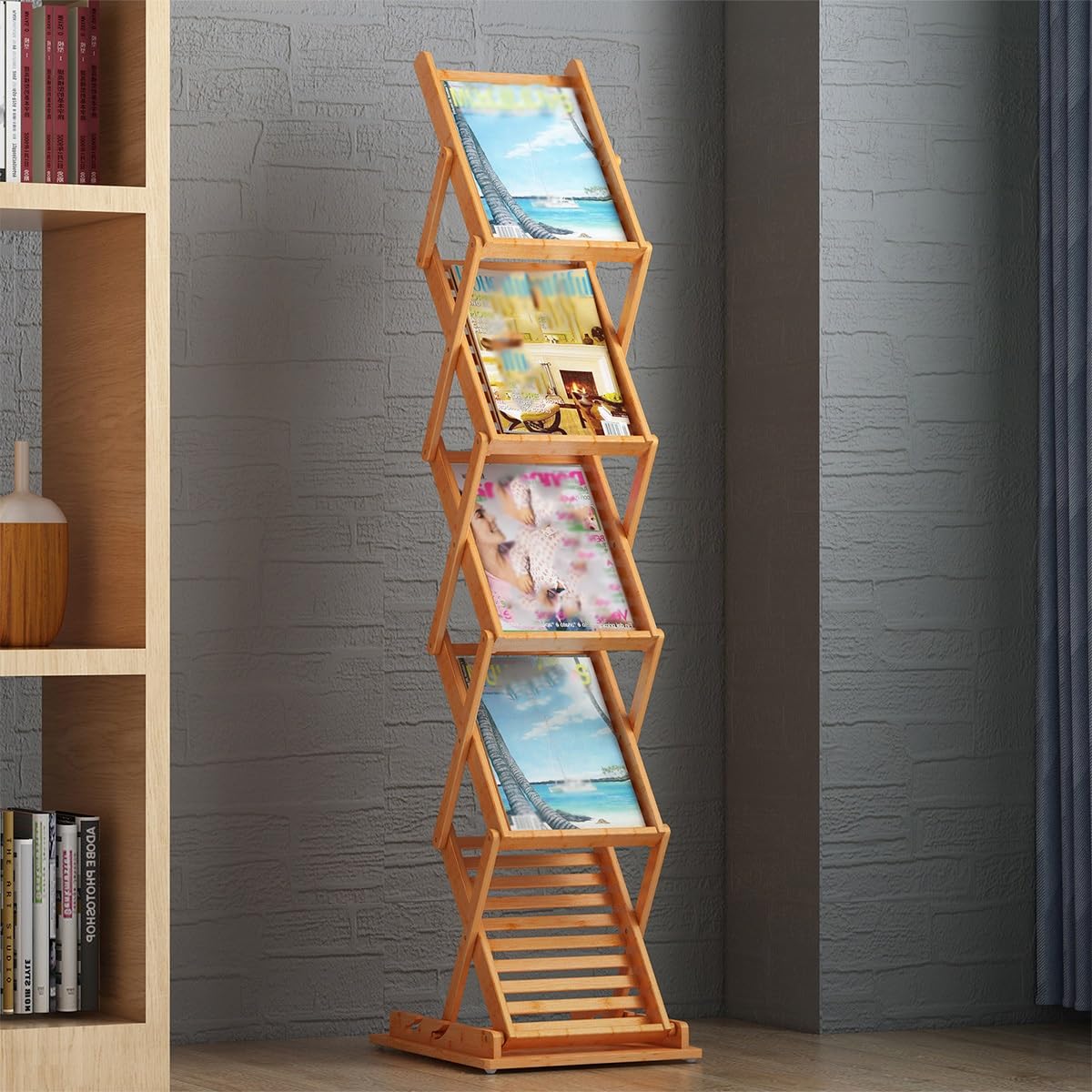 Portariviste da terra Pieghevole in Bambù, Organizzatore Espositore Letterario, Espositore Libri in Legno Naturale per Ufficio Casa Negozio(A4)