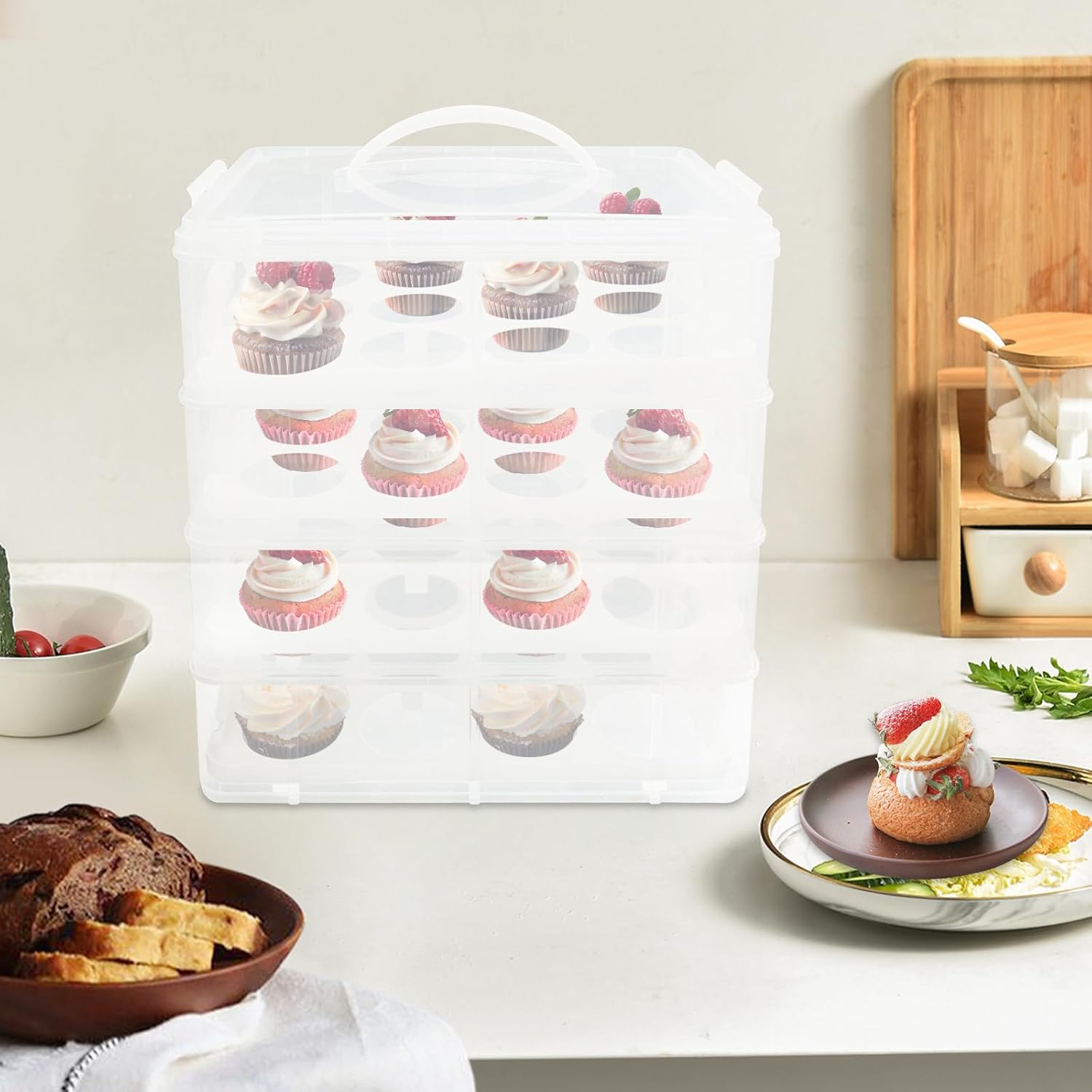 Cupcake Carrier 4-Layer Cupcake Holder, Store up to 48 Cupcakes or Muffins, Stackable Cupcakes Storage Container Collapsible Cake Carrier with Lid and Handle