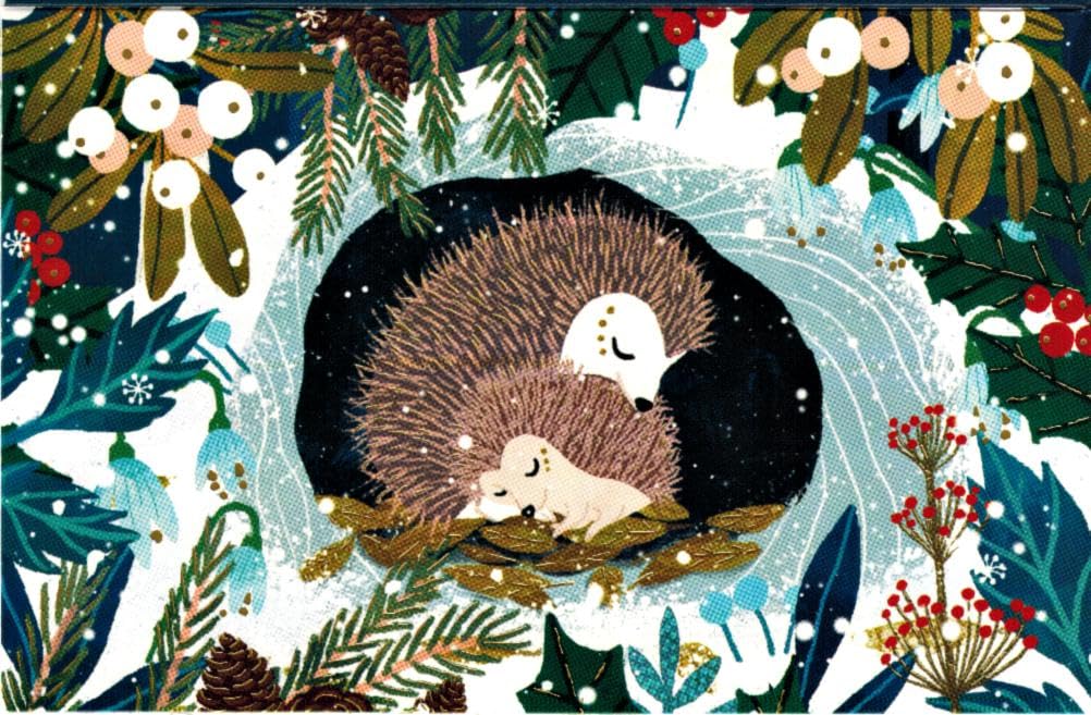 Roger la Borde Beneath the Tree Sleeping Hedgehogs Small Gold Foil Christmas Cards
