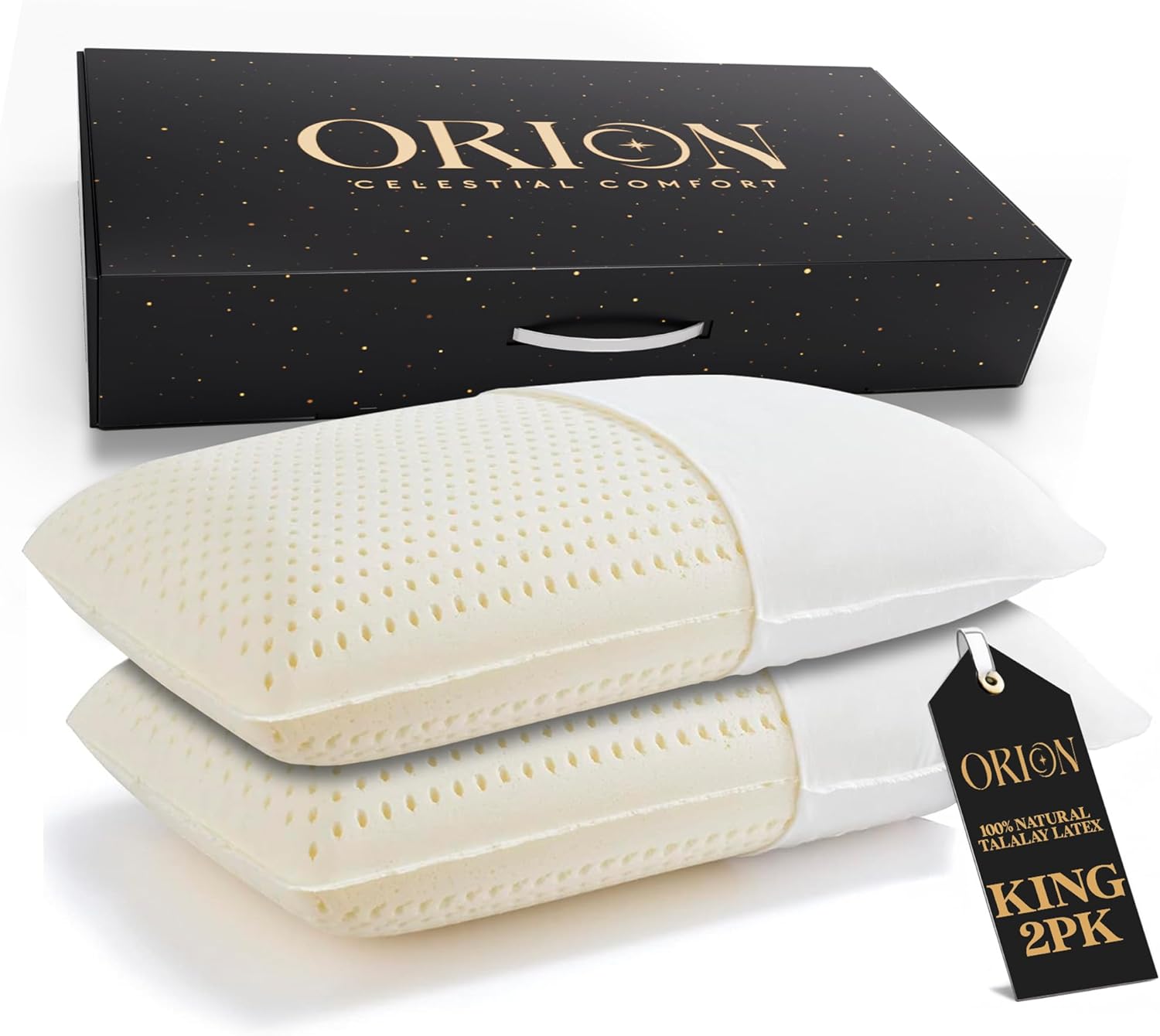 ORION Talalay Latex King Pillows 2 Pack - 100% Talalay Latex with L-Shaped Easy-Open Cover - King Size Pillow for Sleeping and no Vacuum Packing - 33.46 x 15.75 x 5.91 in - Pillows King Size Set of 2