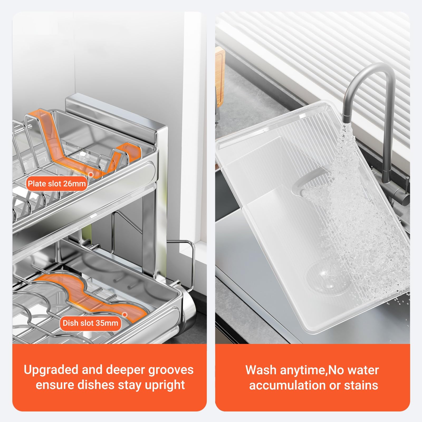 Escurridor de Platos de Acero Inoxidable, Soporte para Utensilios de Cocina Que Ahorra Espacio con Bandeja de Agua Deslizante, Amplio Espacio de Almacenamiento Dividido para tazones/Platos/c