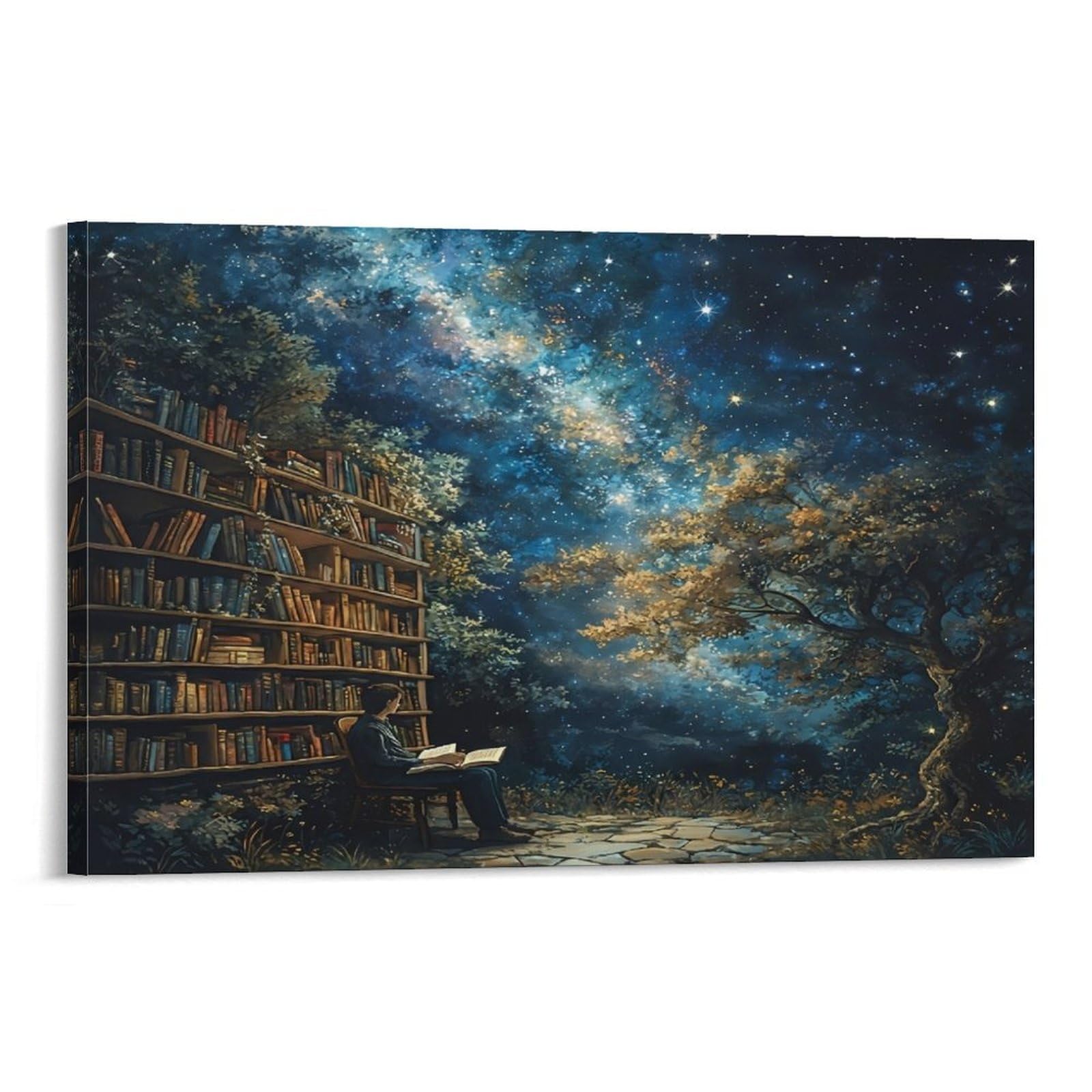 CPLVKWRQJ Starry Night Reading Single Piece Forest Bookshelf Under Glowing Milky Way Sky Framed Wall Art - Office Canvas Print Fade Resistant Wall Focal Art Decor 20x30inch(50x75cm)