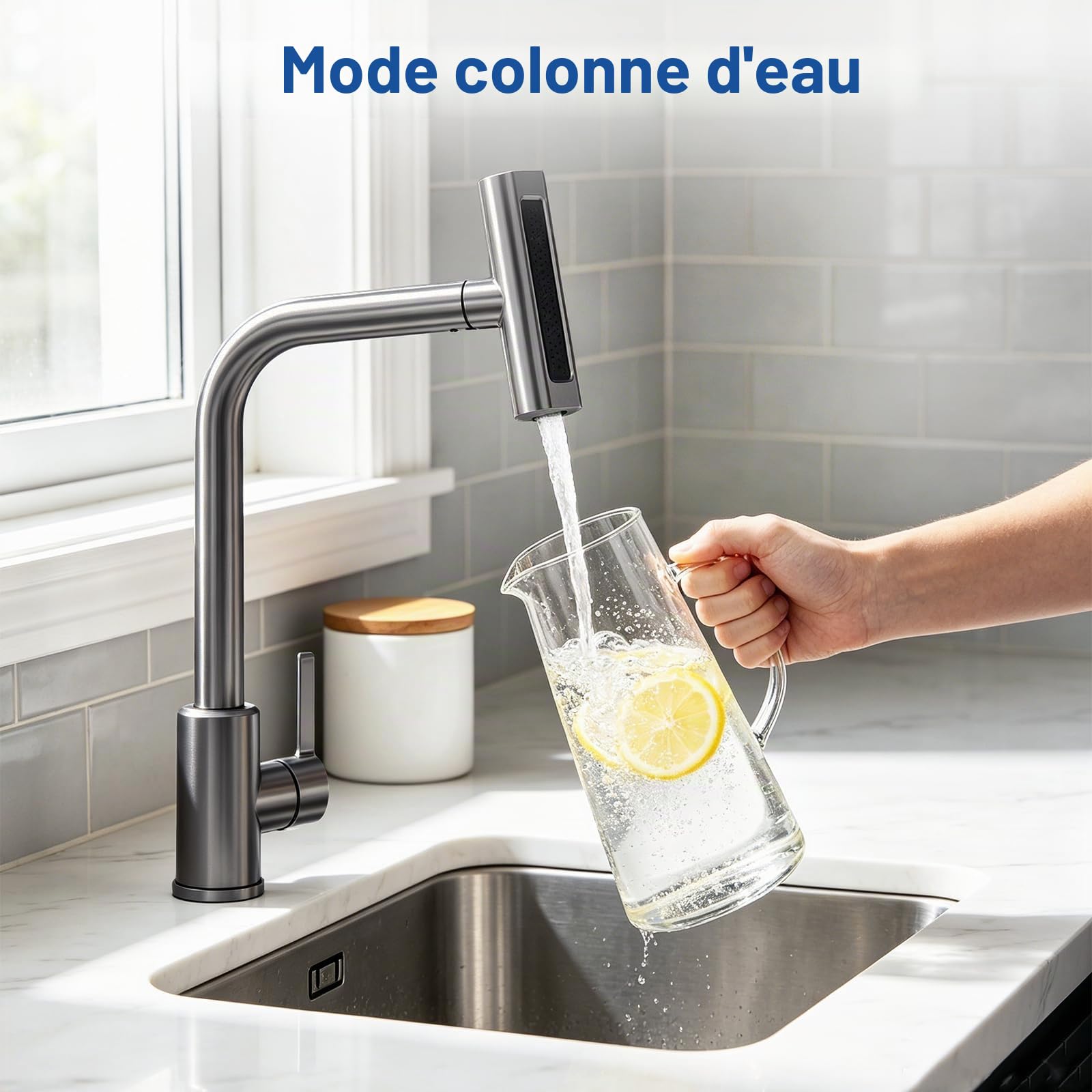 Robinet de Cuisine Rétractable – Mitigeur Évier 360° en Inox 304 Brossé, 4 Modes de Jet (Mousse/Lame/Pluie/Cascade), Douchette Extractible 60 cm