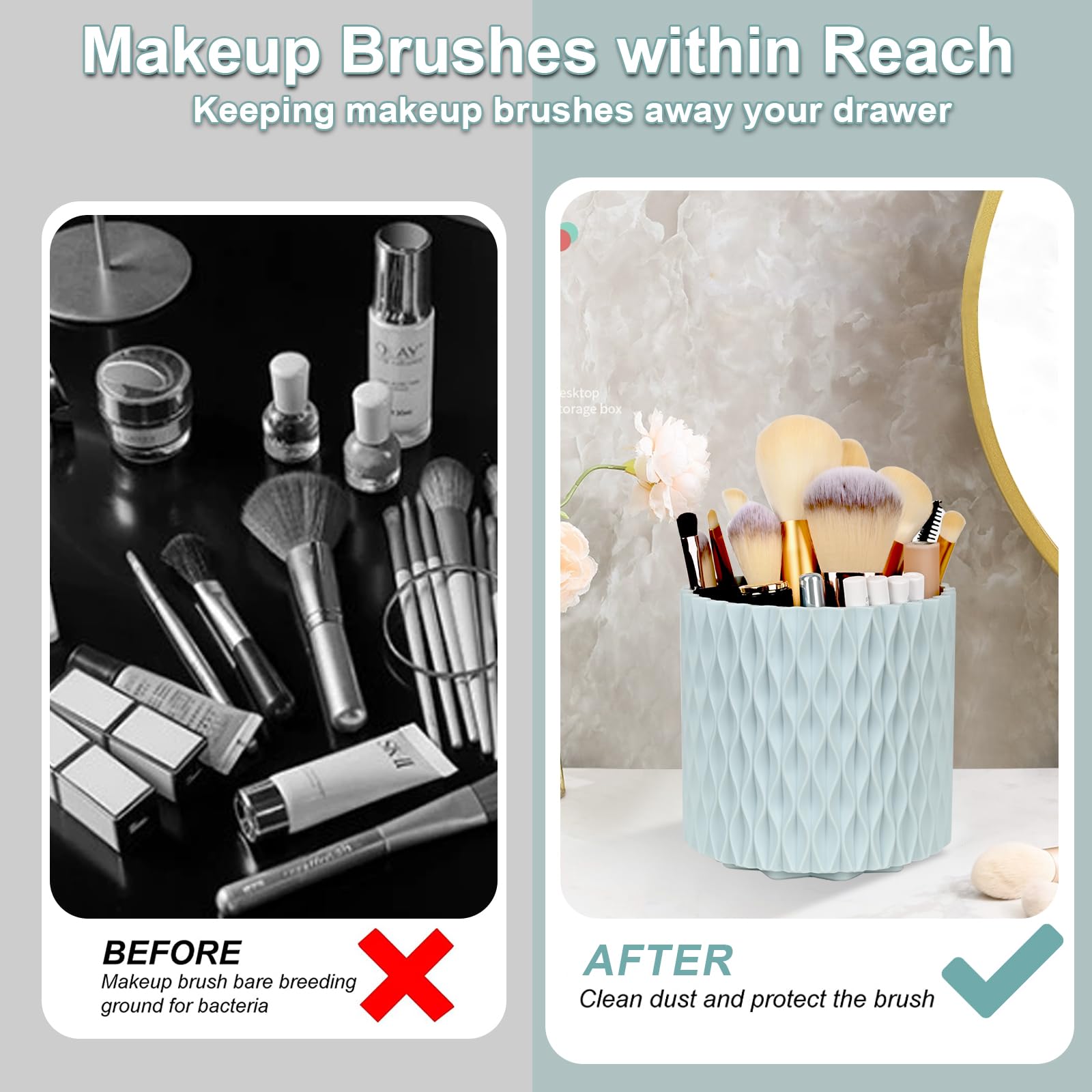 WAFJAMF Makeup Organiser Brush Holder 360 Rotating Cosmetics Organizer Large Capacity Storage Box for Vanity Desktop Bathroom Countertop 5 Slot Makeup Brushes Container - Image 3