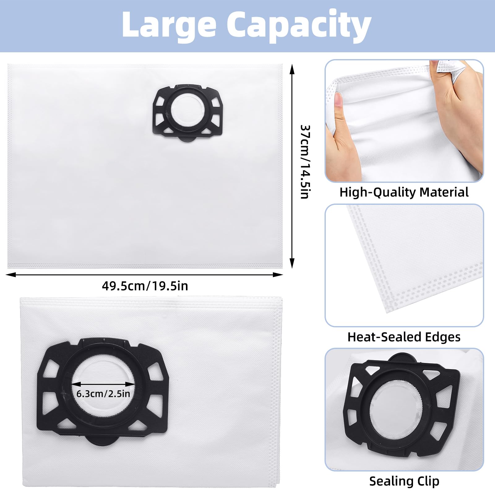 10 sacchetti per aspirapolvere Kärcher WD 2 Plus/WD3/KWD1/KWD2/KWD3/MV3/WD3.200-WD3.800M/SE4001/SE4002 | Sostituisce 2.863-314.0 | Compatibile con aspirapolvere a umido e secco