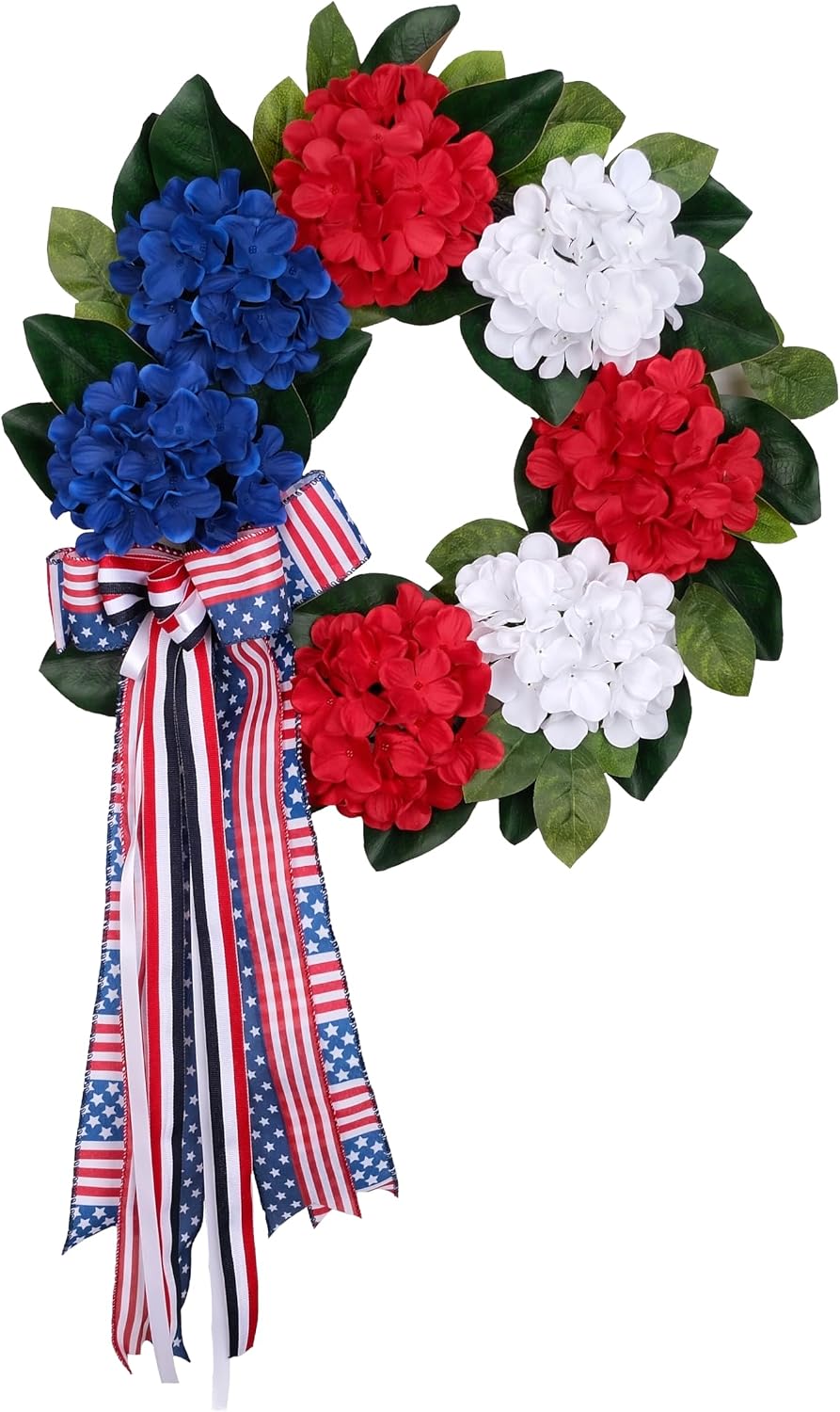 20 Inch Patriotic Front Door Wreath for July 4th Independence Day and Memorial Day, Artificial Red White Blue Hydrangea Wreath with USA Flag-Themed Long Bow