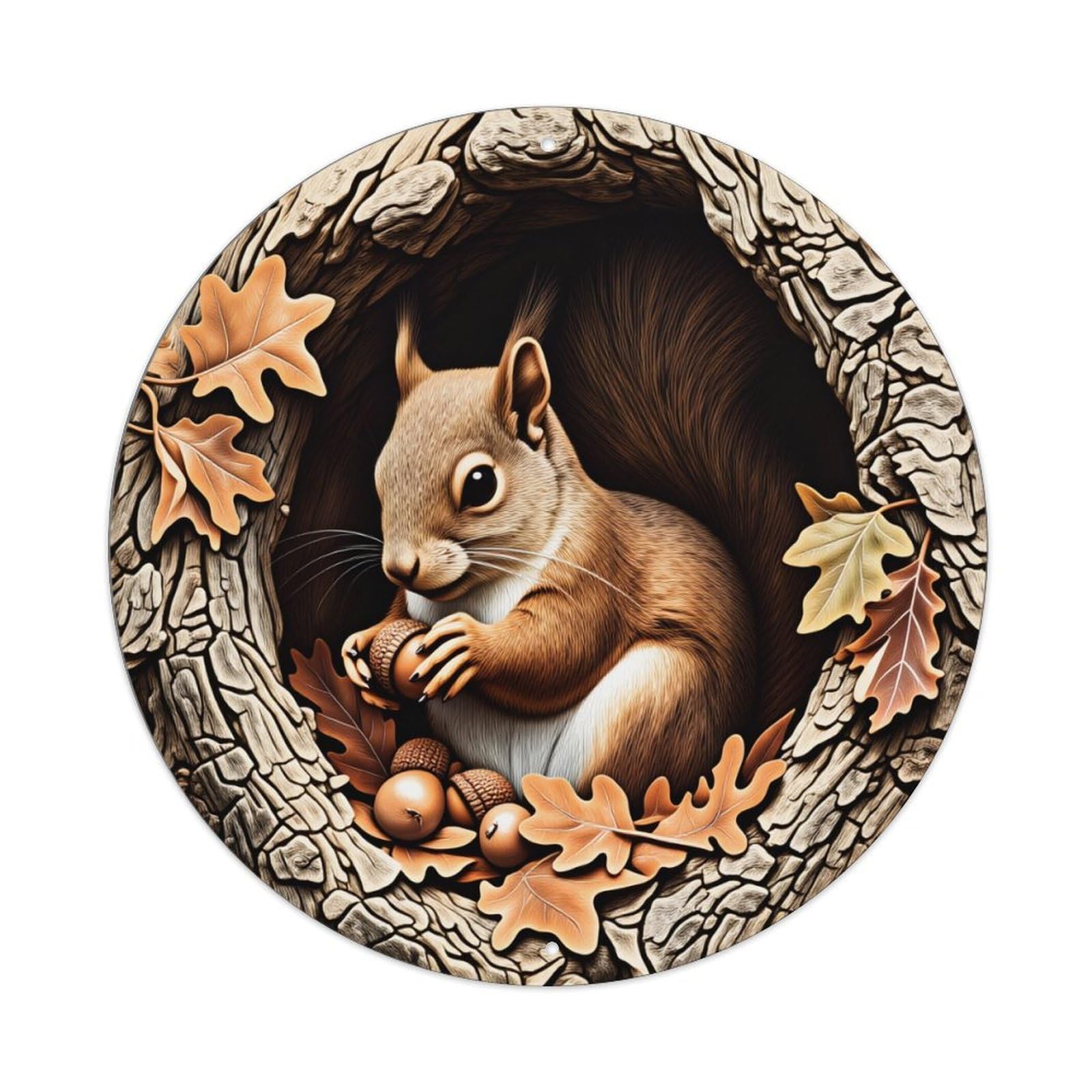 Squirrel Holding Acorns In Tree Hollow Round Tin Sign Vintage Metal Poster Retro Bar, Home, Man Cave, Kitchen, Laundry Room Wall Art Decor Gift 8x8In