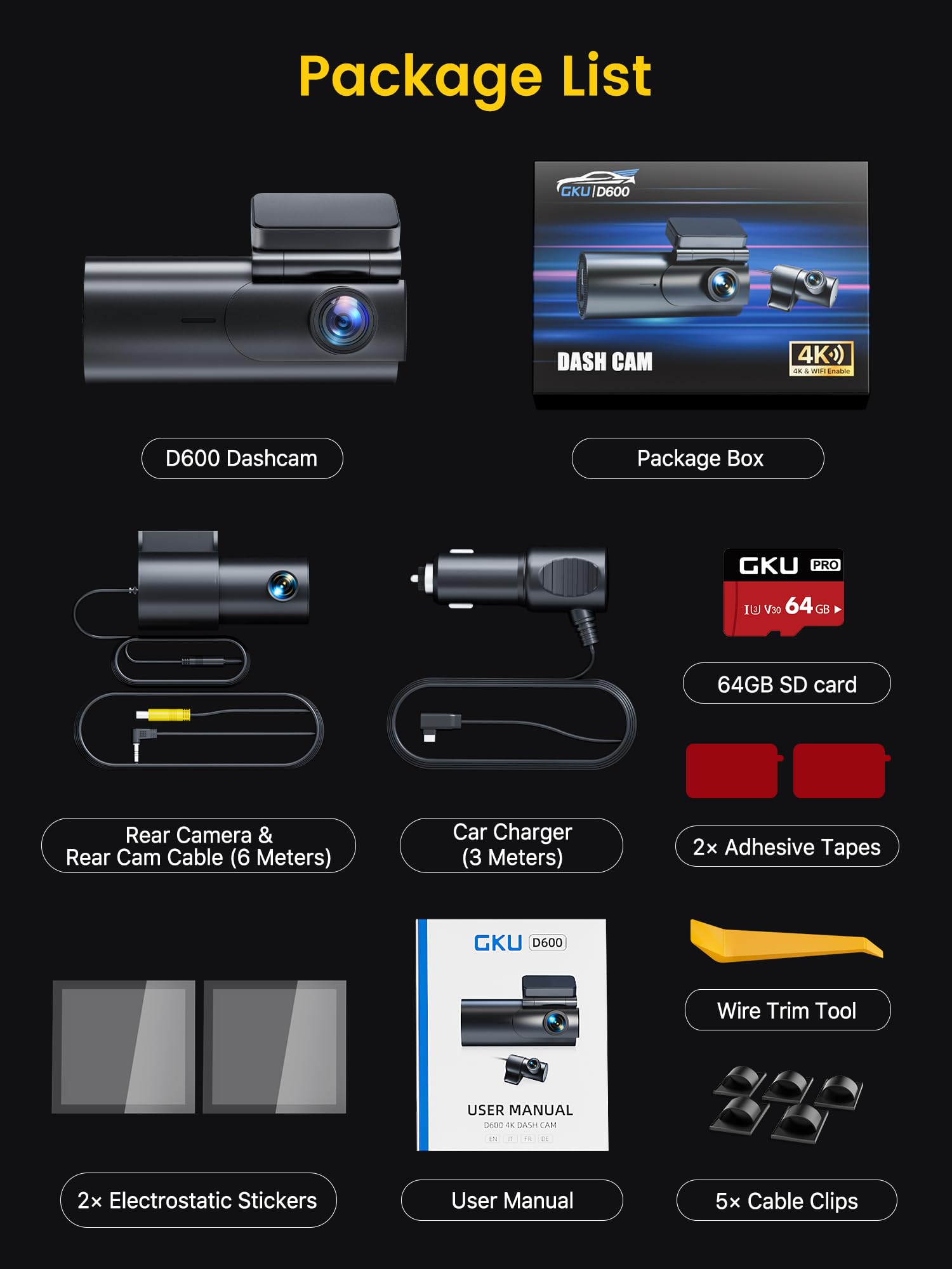 GKU Dash Cam Auto 4K+1080P, 5GHz WiFi Telecamera per Auto con Scheda SD 64G, Dashcam Auto 170° Grandangolo,Super Visione Notturna,WDR,G-Sensor