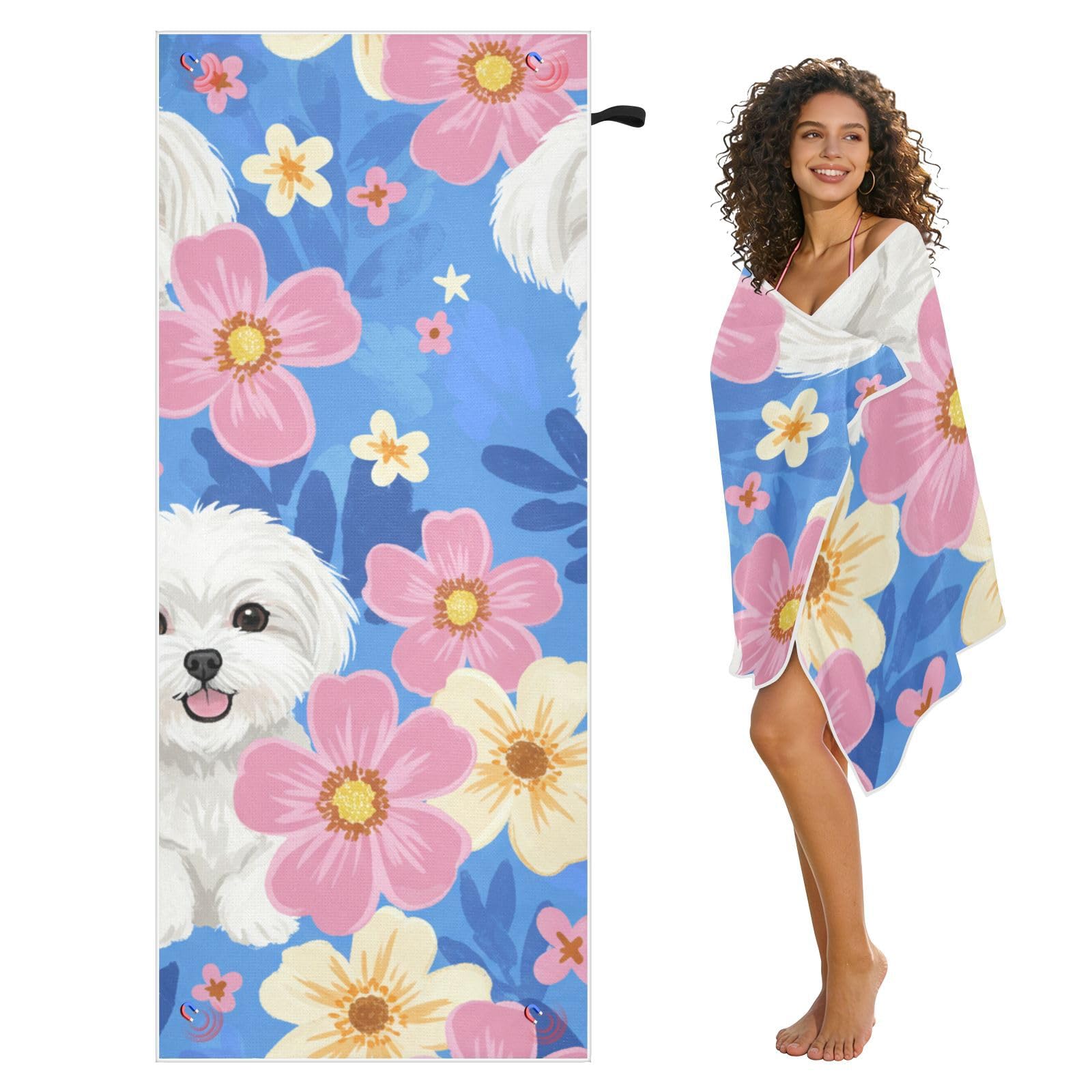 Toallas de playa grandes con bolsas de malla para adultos, toalla de baño de perros malteses blancos felices con cierre magnético, toalla absorbente de secado rápido para piscina, camping y