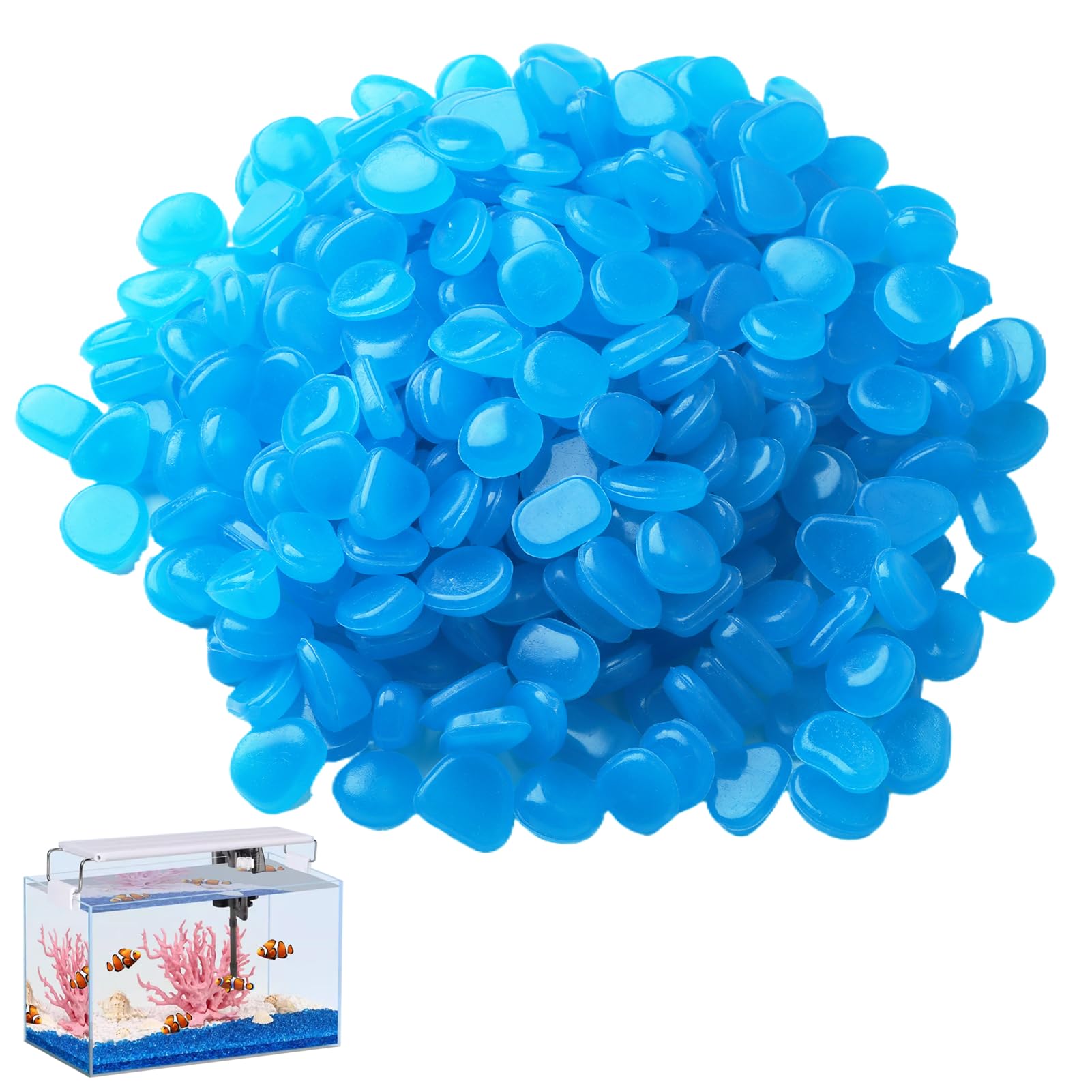 Pietre luminose per esterni, 300 pezzi, pietre luminose da giardino in resina, colore blu, Glow in The Dark per acquario, sentieri, pietre decorative fluorescenti per vasi di fiori, ciottoli luminosi