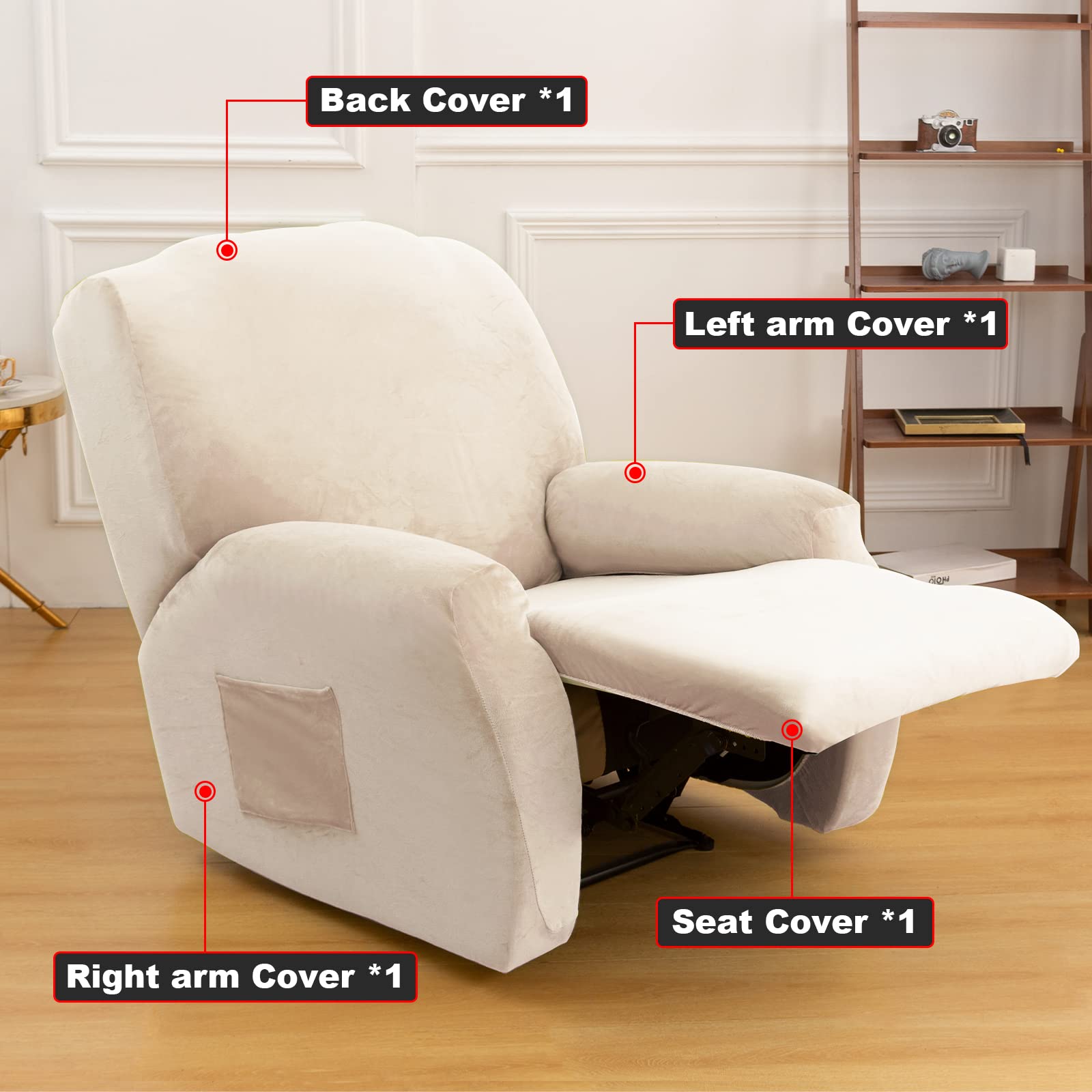 Topchances Velvet Stretch Recliner Cover - Super Soft Single Seat Slipcover with Side Pocket for Furniture Protection (Beige Yellow) - Image 2