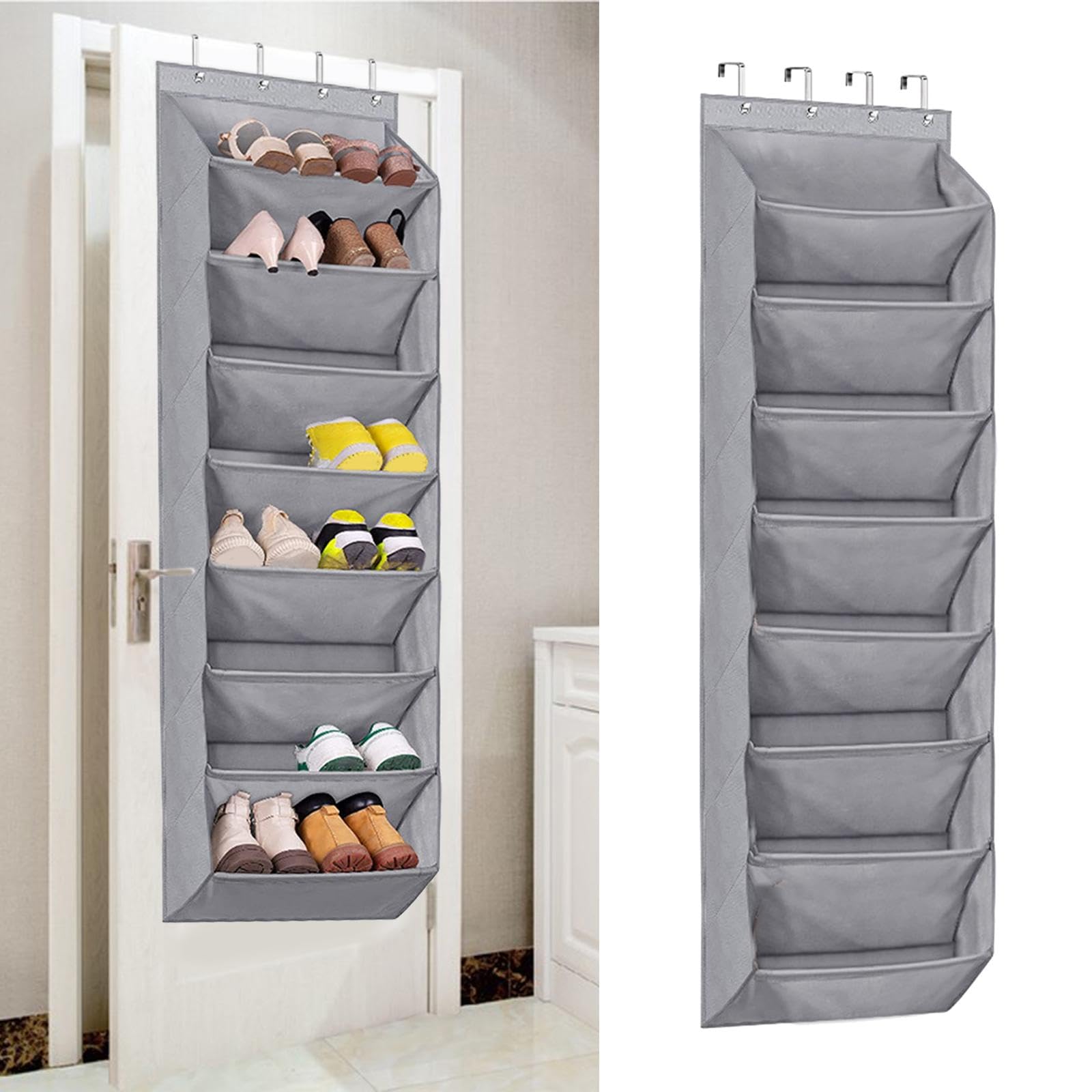 Hängendes Schuhregal, Kleiderbügel, Schuhhalter für schmale Türen, Tiefe Taschen, Tür-Schuhregal für Zimmer Closet Pantry, Hellgrau 8 Schichten