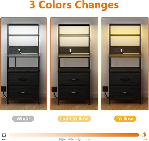 Miniatura 5 de Furnulem Mesita de noche alta con estantes de 4 niveles, 2 cajones de tela y tubo de luz, mesas auxiliares de cama con estación de carga, mesita de