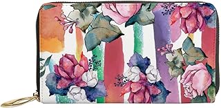 Carteiras femininas de couro genuíno aquarela buquê de flores silvestres porta-cartão de crédito com zíper organizador de bolsa feminina longa de viagem, Buquê de flores silvestres em aquarela, 7x4.3x0.8 Inches