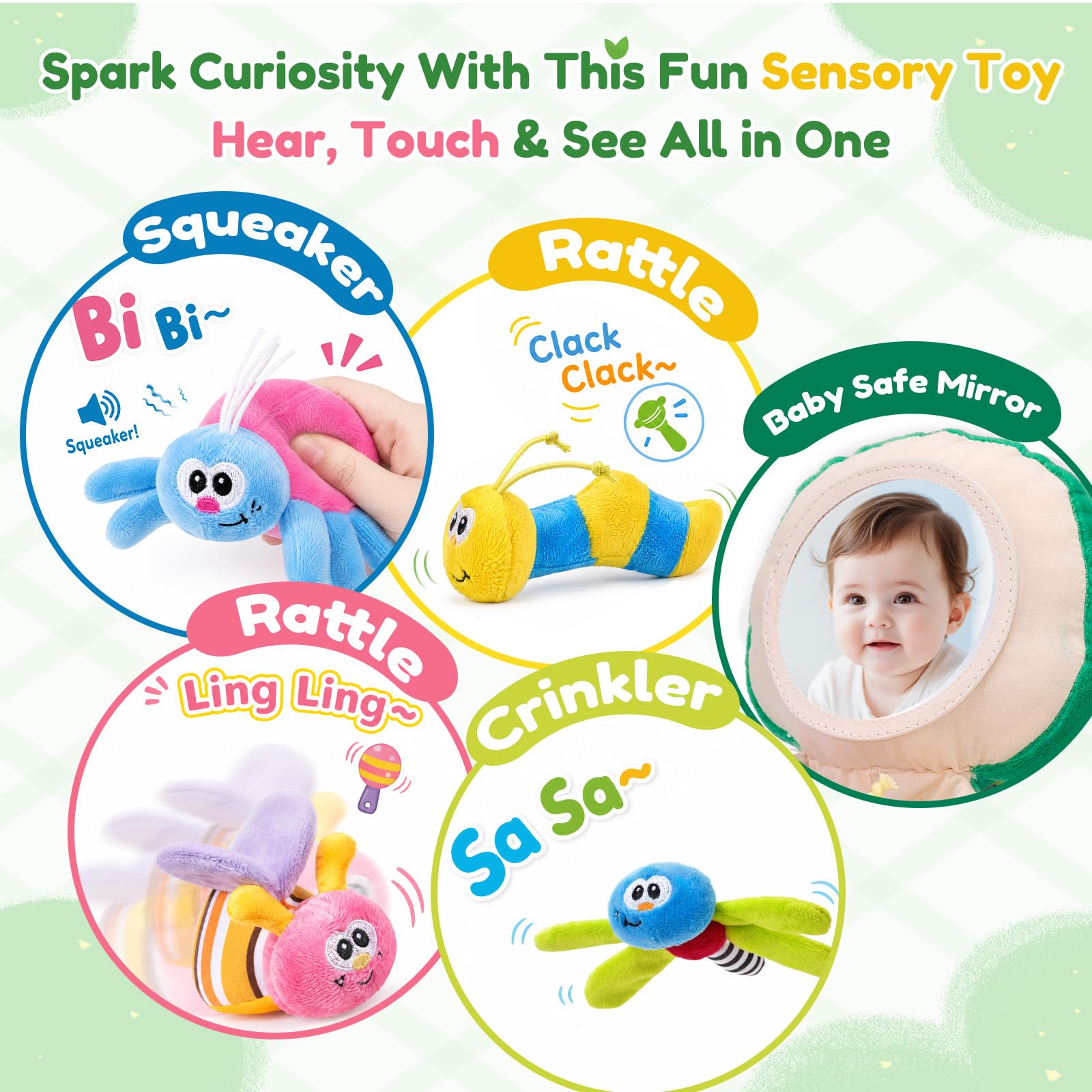 JoyCat Jouets pour Bébés 3 à 18 Mois - Jouet Montessori Grenouille avec 4 Insectes sensoriels, Hochet, Papier Froissé, Couineur et Miroir Bébé - Jouets Montessori pour Enfant 6 7 8 9 10 Mois, Cadeau