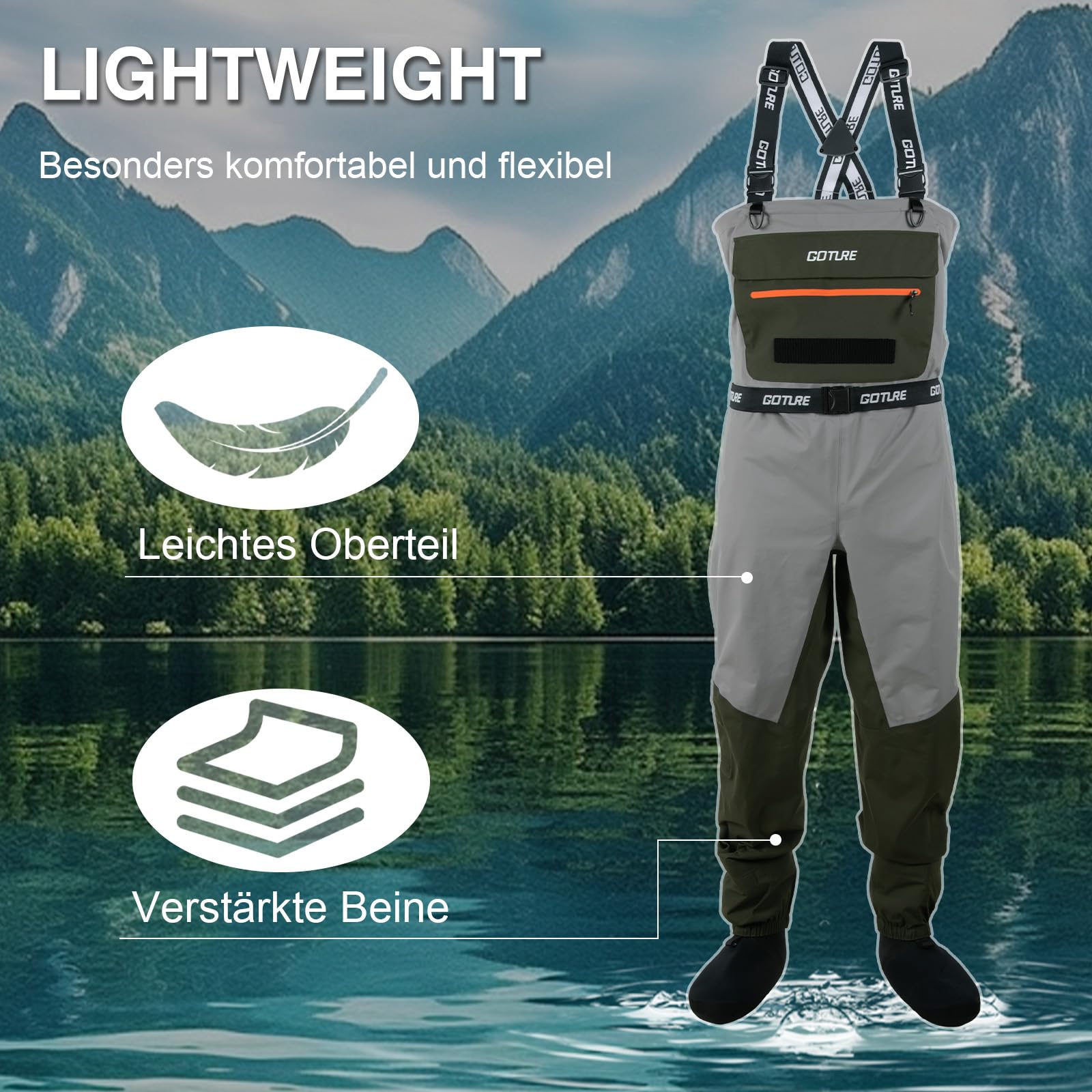 Goture Atmungsaktive Wathose Herren Wasserdicht, 5-Lagen Nylon Angeln Brustwathose mit Abnehmbarem Ausrüstungsgürtel, 25000mm WPR, 4mm Neopren-Füßlinge für Fliegenfischen