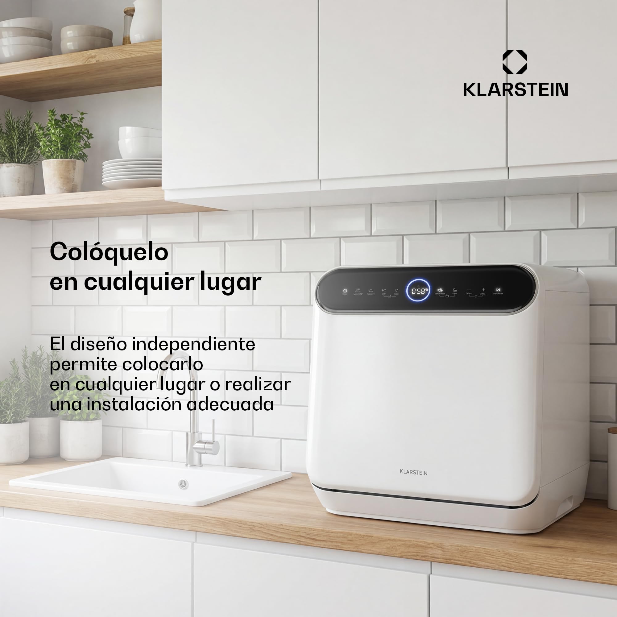 Lavavajillas de sobremesa Klarstein Oceana – Lavavajillas compacto para 3 servicios, 7 programas, 6 l de consumo de agua, AquaStop, diseño portátil