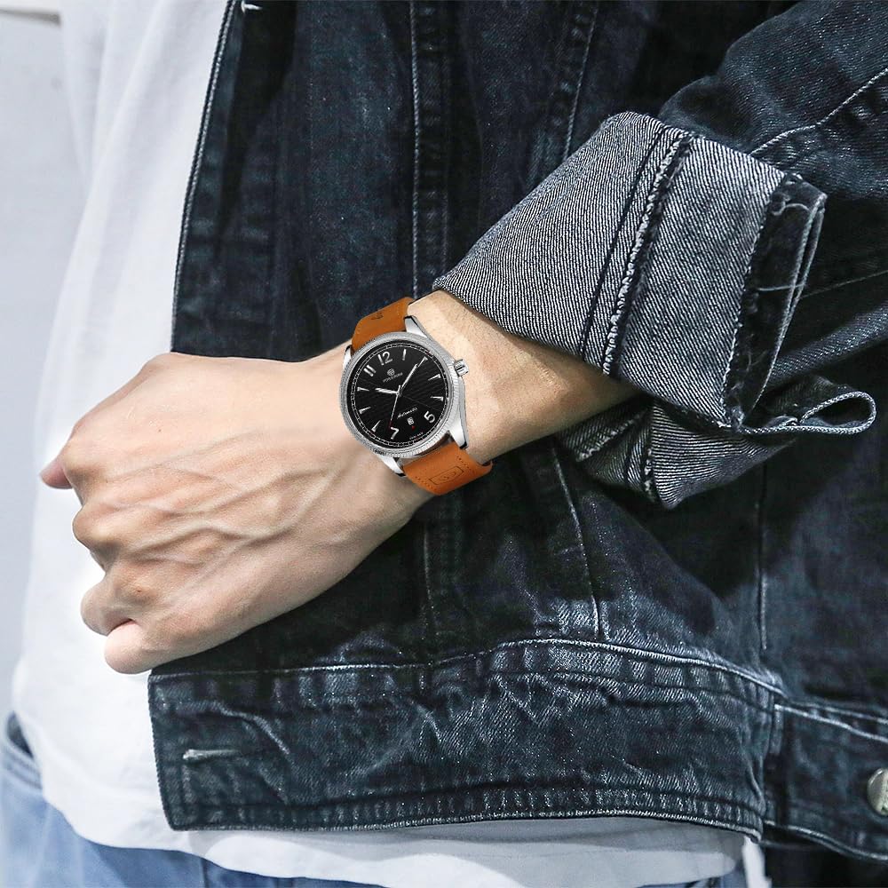 FORSINING Herren-Armbanduhr mit mechanischem Handaufzug, analog, Sport-Stil, mit Lederband, Schwarz , Armband