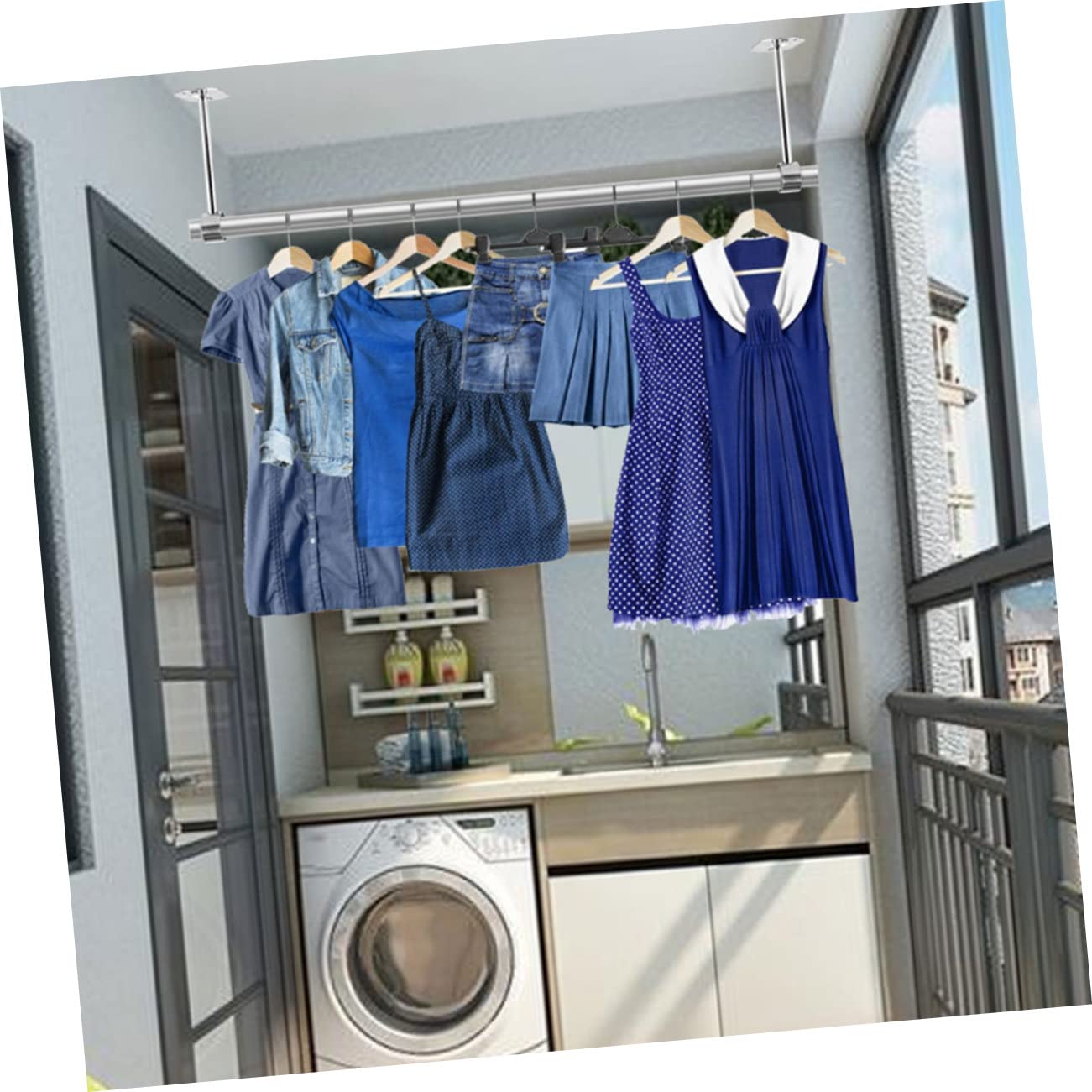 2pcs Hang Through Ceiling Curtain Clothes Hanger Coat Racks Wall Mounted Brackets Shower Rod Socket Ceiling Installation Wall Mount Bracket Support Tube Stainless Steel