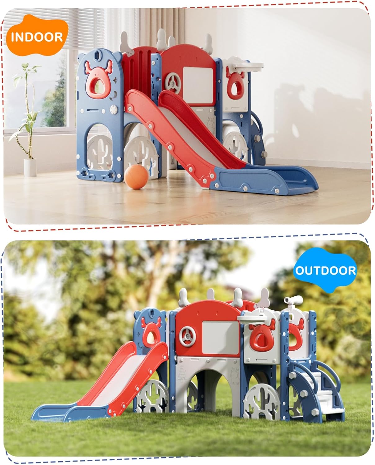 XJD 13 in 1 Toddler Slide Set, Kids Slide for Toddlers Age 1+, New Upgrade with Golf Set, Basketball Hoop, Drawing Board for Indoor Outdoor Playset, Birthday Gifts for Toddler (Blue Red)