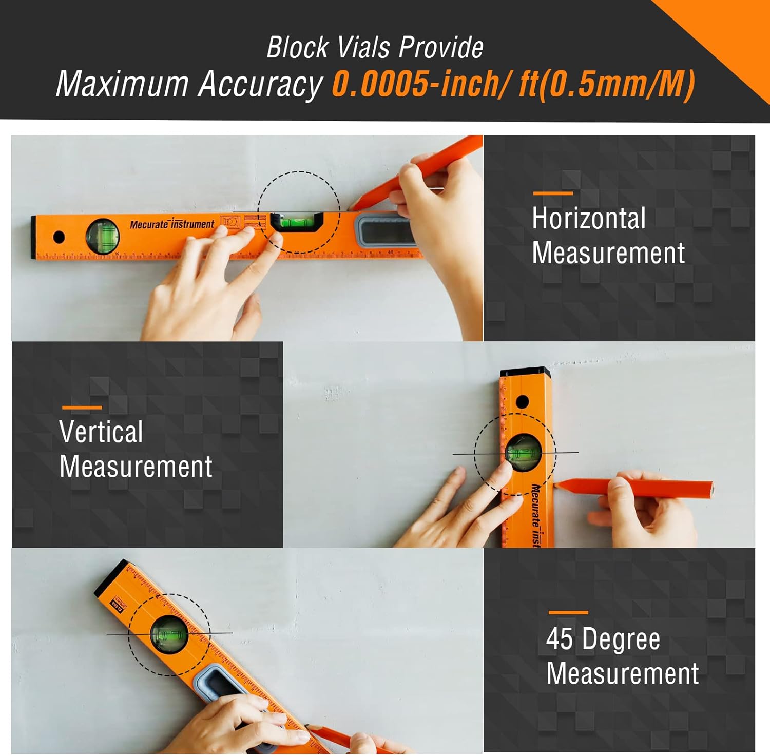Three images demonstrating the use of the Mecurate SL level for horizontal, vertical, and 45-degree measurements. Each image shows a hand holding the level against a surface with the corresponding vial bubble centered.