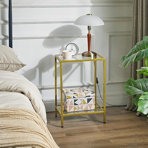 Miniatura 5 de YMYNY UHGD002G - Mesa auxiliar de vidrio templado, mesa auxiliar de 2 niveles con estantes de almacenamiento, mesita de noche estrecha, para