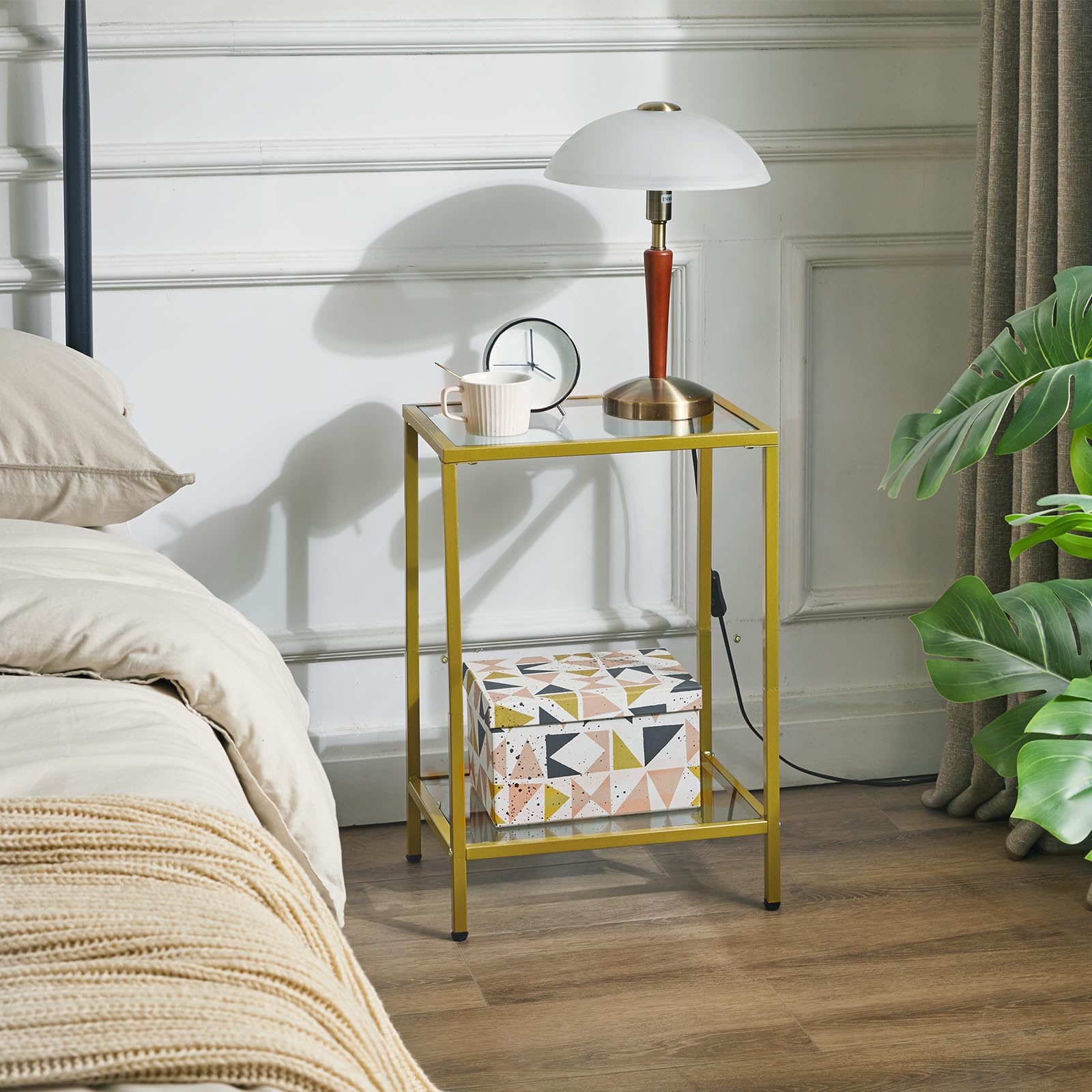 YMYNY Table d'Appoint à 2 Niveaux, Table Basse, Table de Chevet, Table Téléphone, Bout de Canapé, Table pour Salon, Chambre, Couloir 38×28×56CM Dorée HGD002G