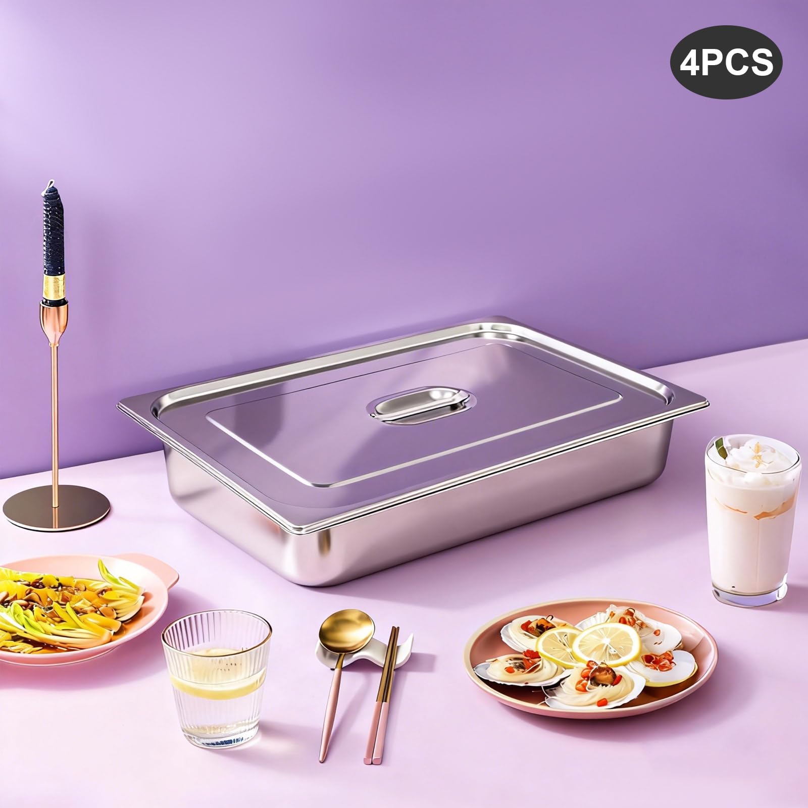 4 contenitori per gastronorm, in acciaio inox con coperchio