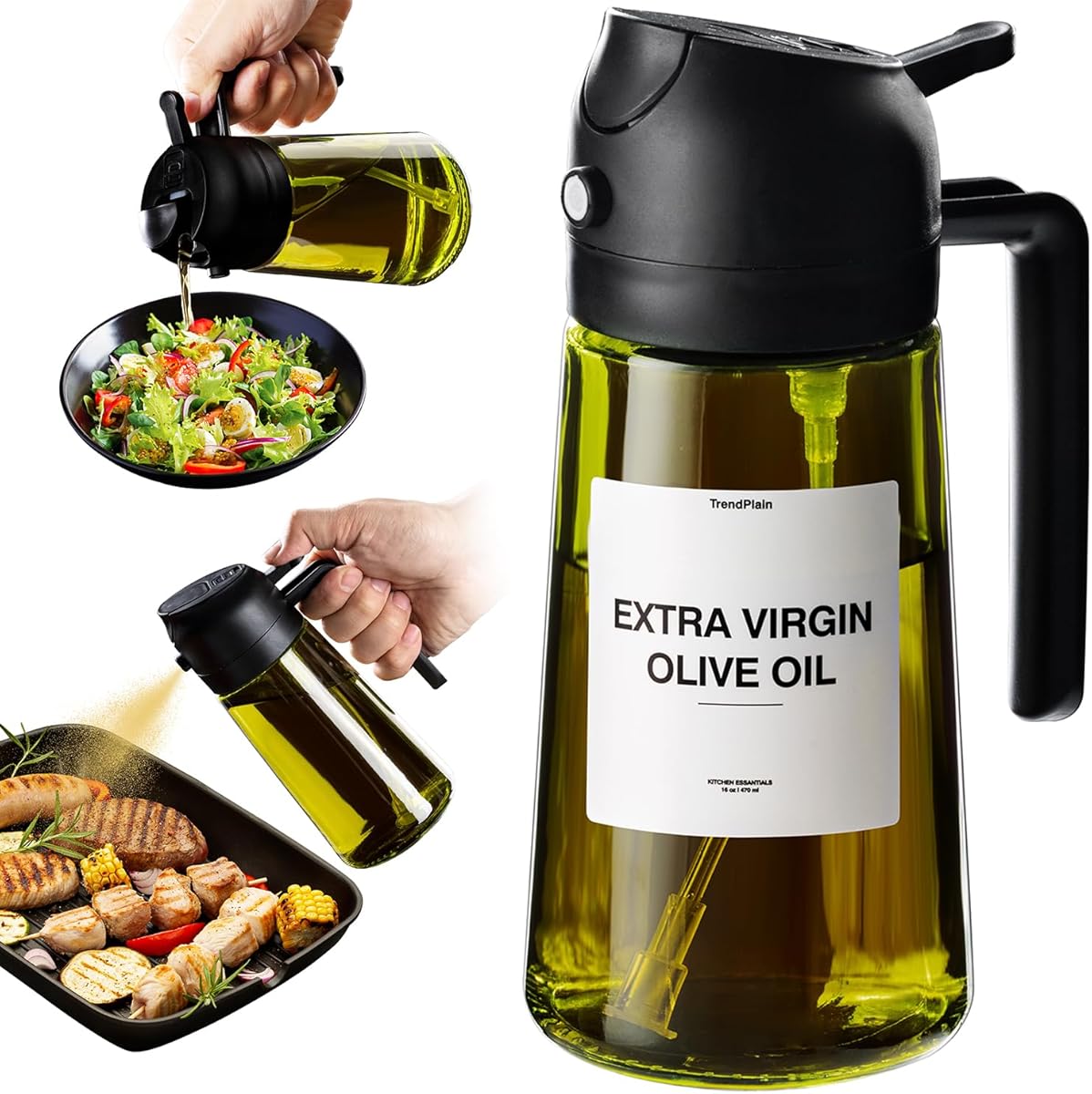 TrendPlain 470ml Olive Oil Dispenser Bottle for Kitchen Gadgets - 2 in 1 Dispenser and Sprayer - Olive Oil Spray Bottle w/Stickers (Light Blockage) - BPA Free - Black