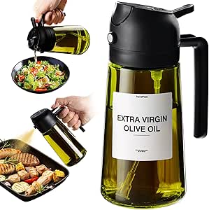 TrendPlain 470ml Olive Oil Dispenser Bottle for Kitchen Gadgets - 2 in 1 Dispenser and Sprayer - Olive Oil Spray Bottle w/Stickers (Light Blockage) - BPA Free - Black