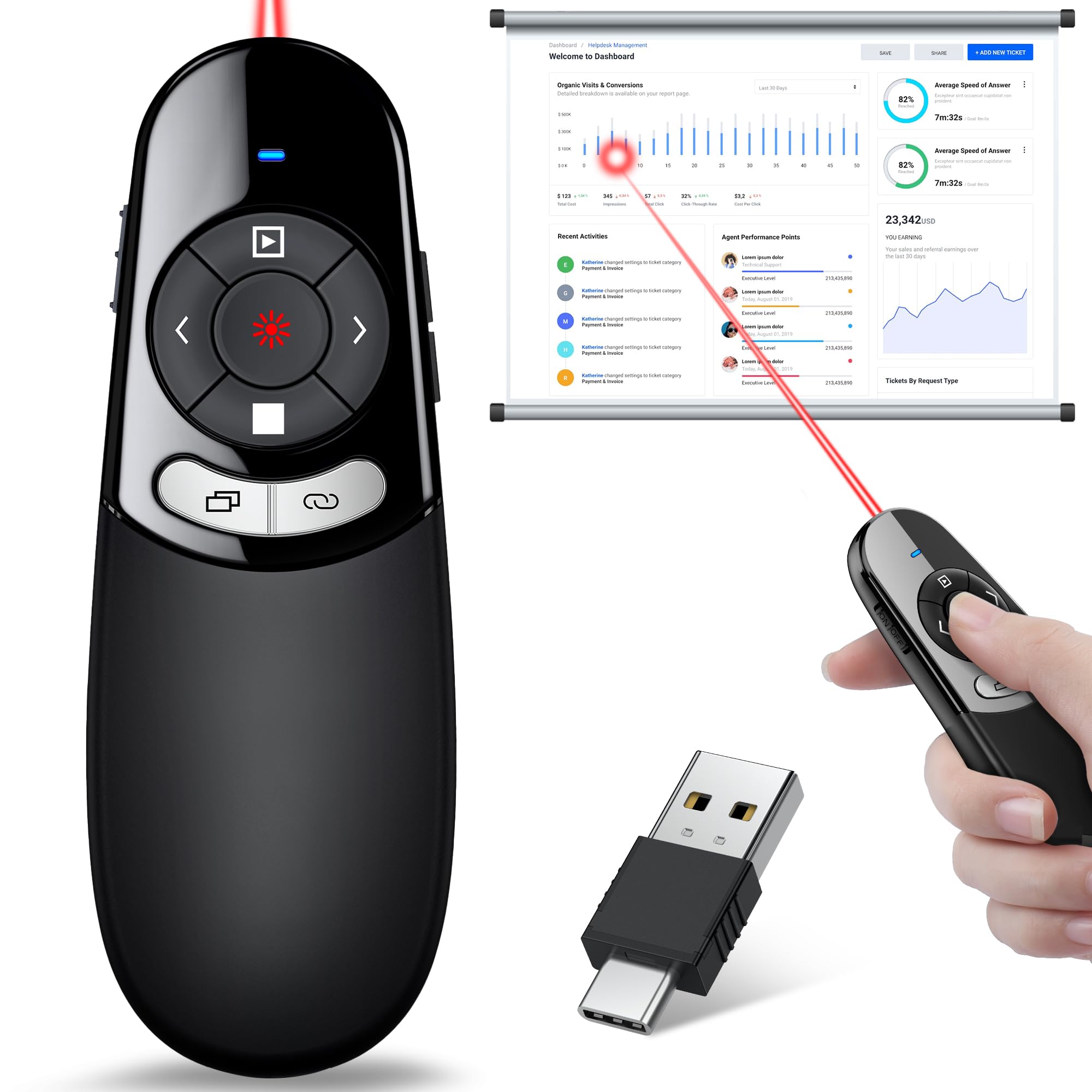 Clicker de présentation USB 2 en 1 de type C - Lumière rouge - Télécommande sans fil pour présentations informatiques - Pour Mac et ordinateur portable