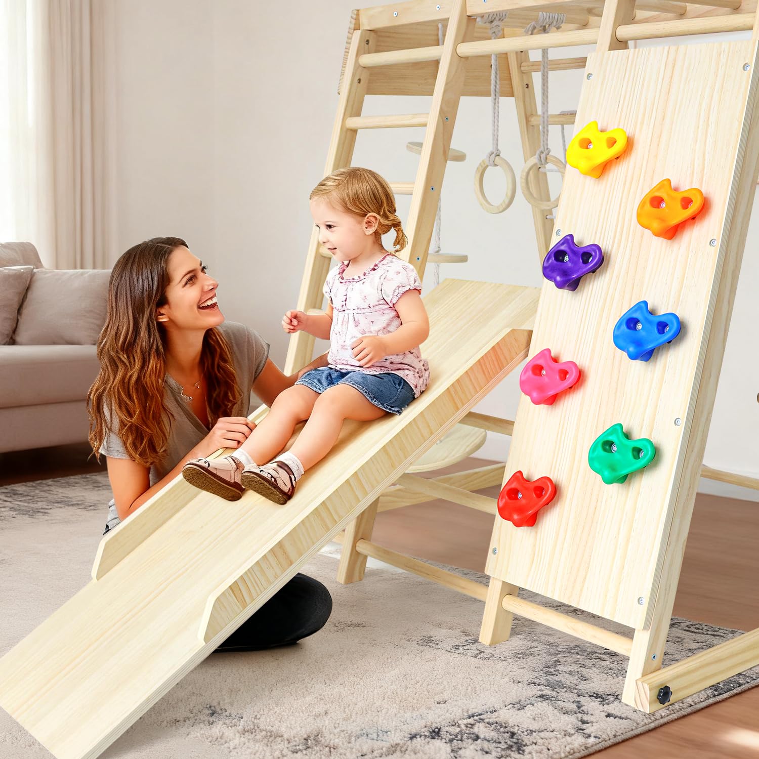 Klettergerüst Indoor, Groß&Klappbar, 12 in 1 Montessori Indoor Spielplatz für Kinder, Multifunktional Kletterausrüstung mit Rutsche/Schaukel/Kletterdreieck/Kletternetz, Kinderzimmer, Natur