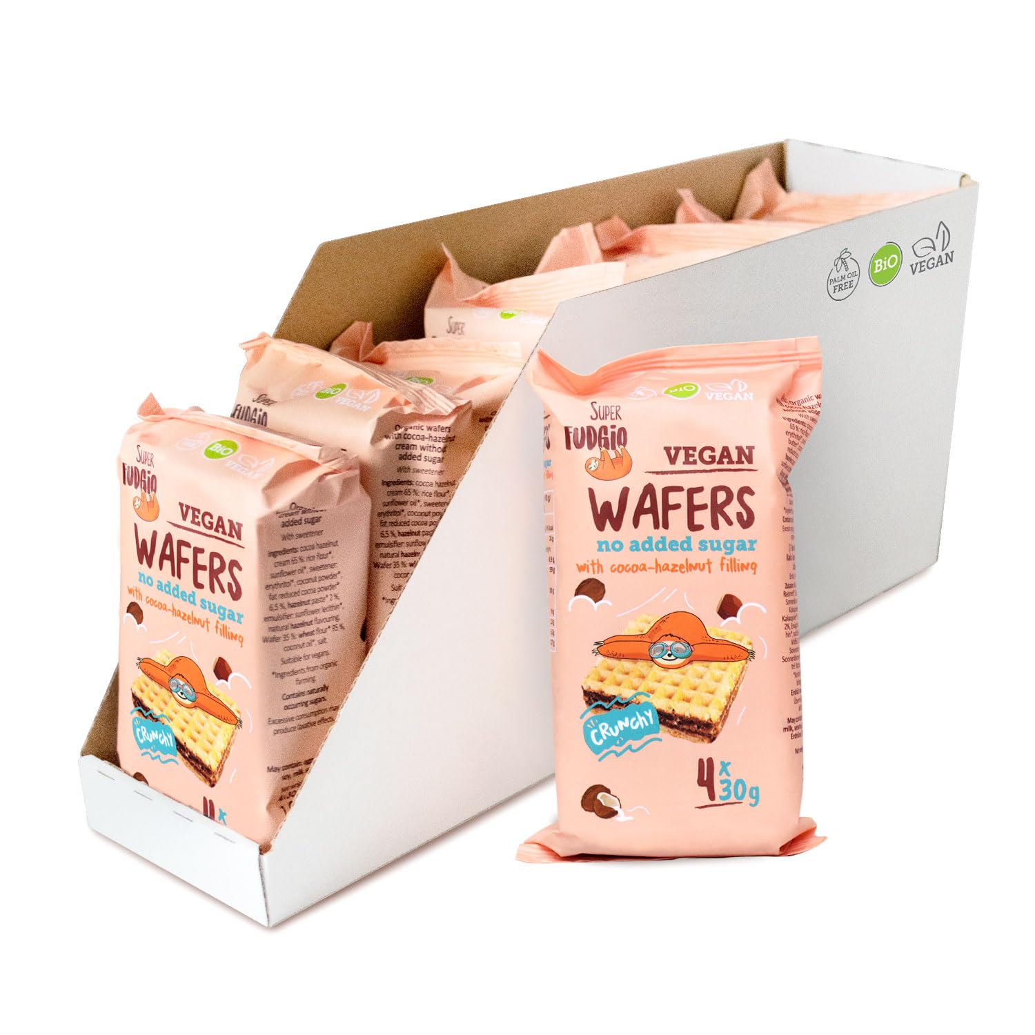 SUPER FUDGiO Bio Waffles con crema de cacao y avellana sin azúcar ni aceite de palma, sin azúcar añadido, 4 x 30 g (8 unidades)