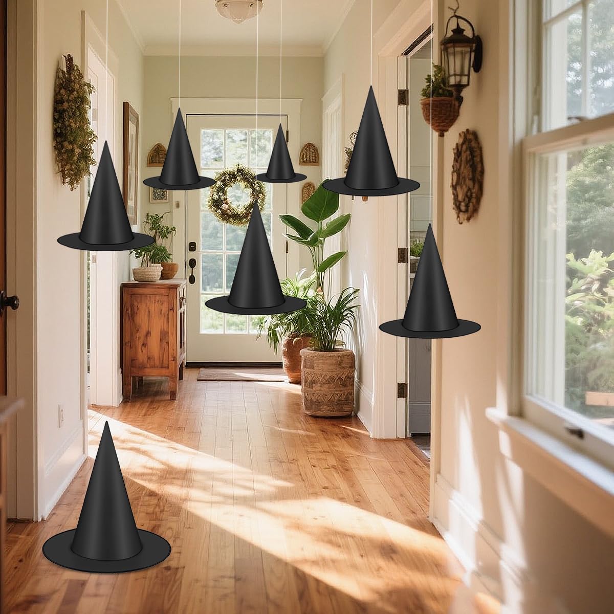 15 Pcs Halloween Decorative Witch Hats, Thick Black Witch Hats Bulk, With 147 FT Rope Hanging Witch Hat, Halloween Outdoor and Indoor Decoration Party Supplies, Witch Costume Accessories