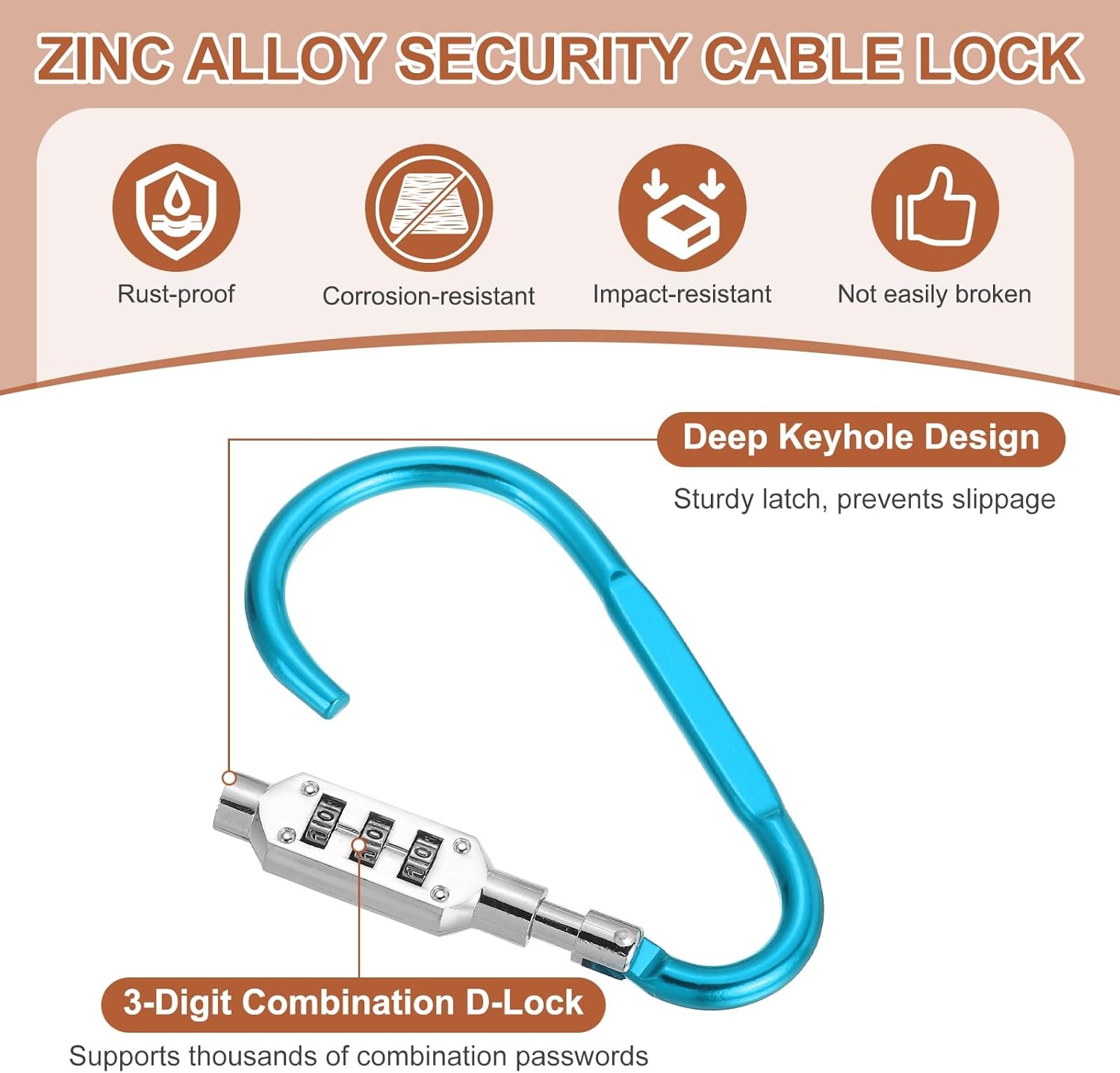 PATIKIL D-Shaped Code Combination Lock, (4.8" x 2.4", Light Blue), Zinc Alloy 3-Digit Combo D-Ring Clip Locking Keychain, Suit for - Bicycles/Motorcycle/Suitcase/Backpack