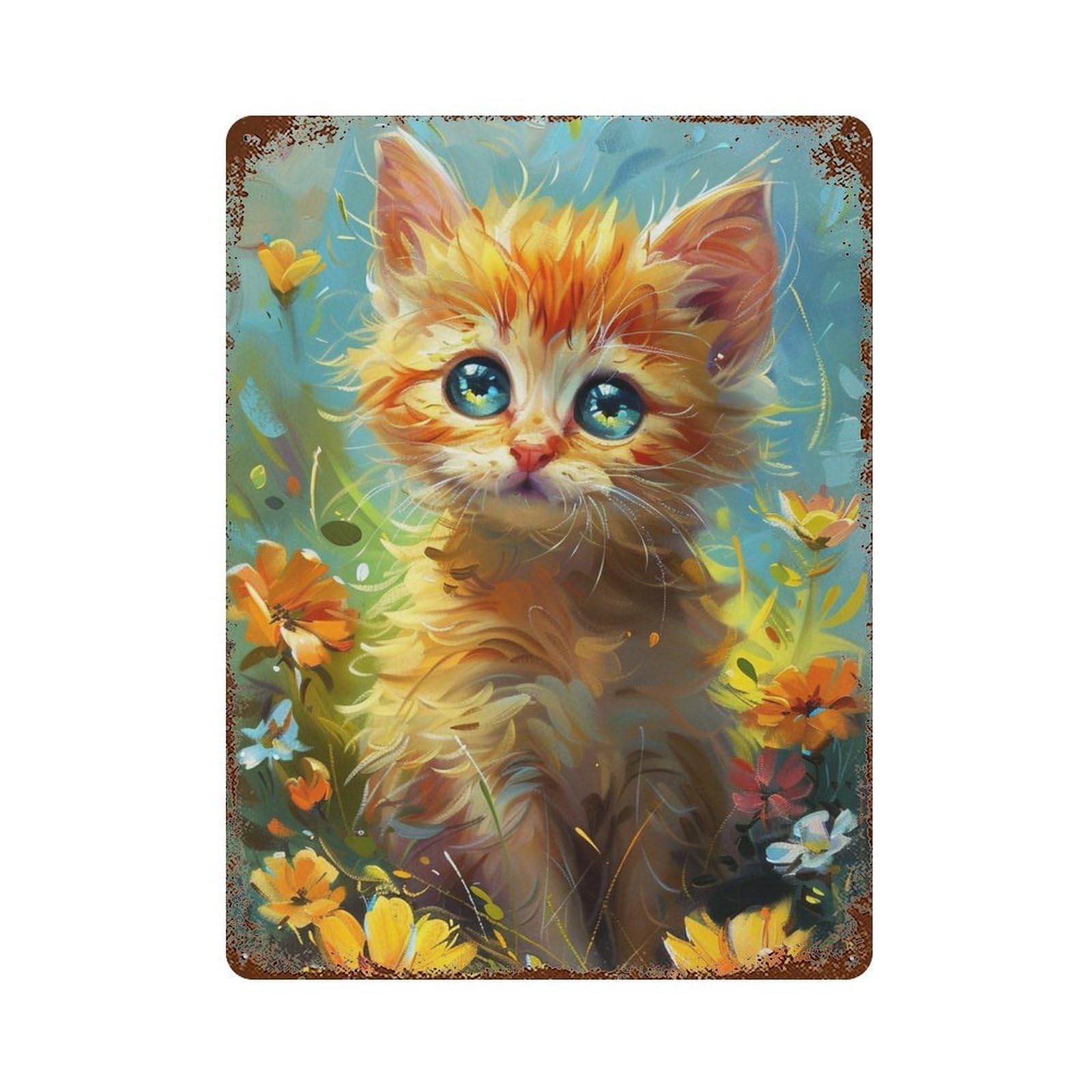 Garage Style Floral Fantasy Kitten Distressed Metal Wall Sign 15.7"x11.8", Farmhouse Wall Decor for Bar And Workshop