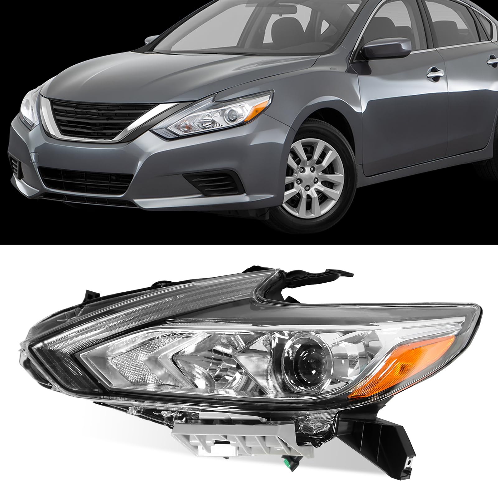 Halogen Headlight Compatible with Altima 2016-2018 Direct Replacement Chrome Headlamp Assembly ‎(Left Driver Side)