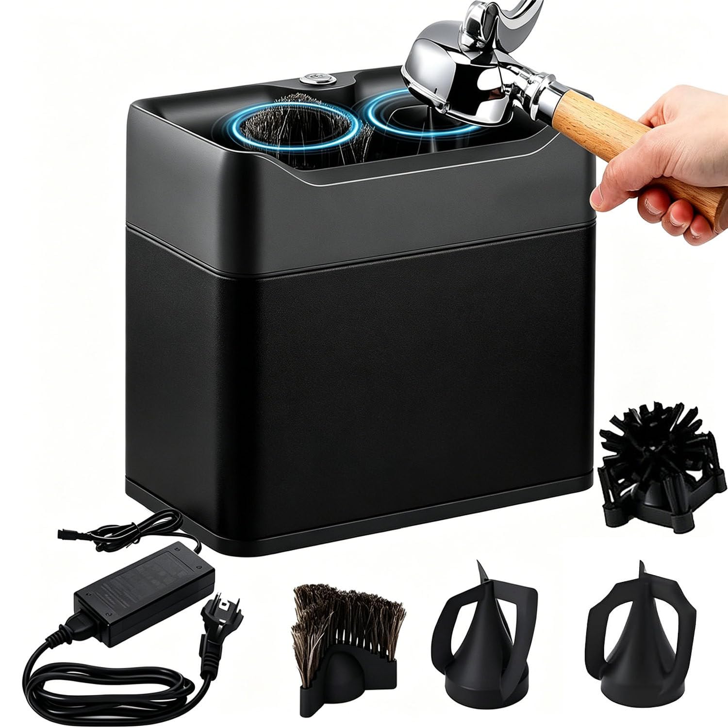 Electric Portafilter Cleaner with 2 Scrapers for 58mm Portafilters Black