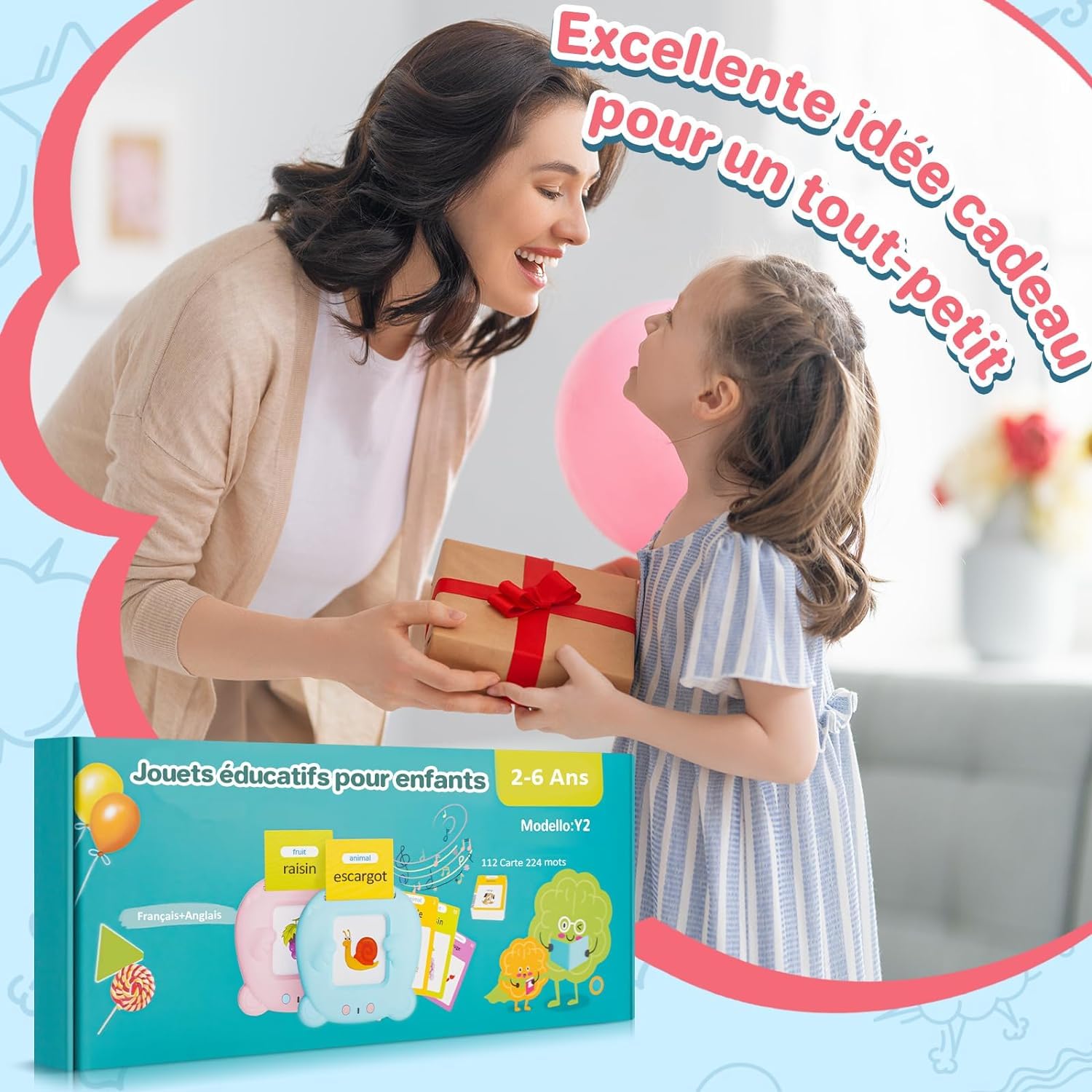 AHJ Schede Flash Cards Parlanti (Francese e Inglese), Giocattoli di Apprendimento per Bambini dai Anni, Educativi Prescolari da Ascoltare e Imparare di Base 112 Flashcard 224 Parole (Rosa)