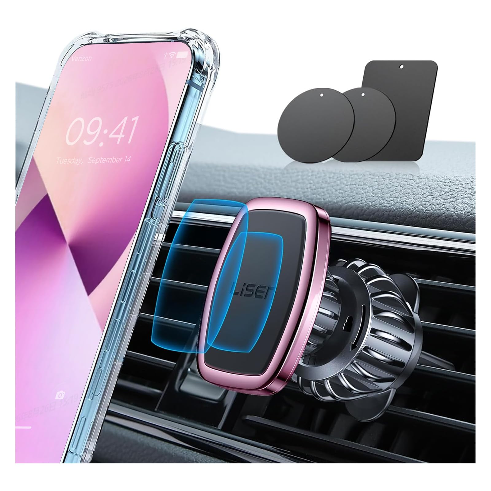 LISEN Magnetic Phone Holder for Car, [Easily Install] Car Phone Holder Mount [6 Strong Magnets] Cell Phone Holder for Car [Case Friendly] iPhone Car Holder Blue LV633