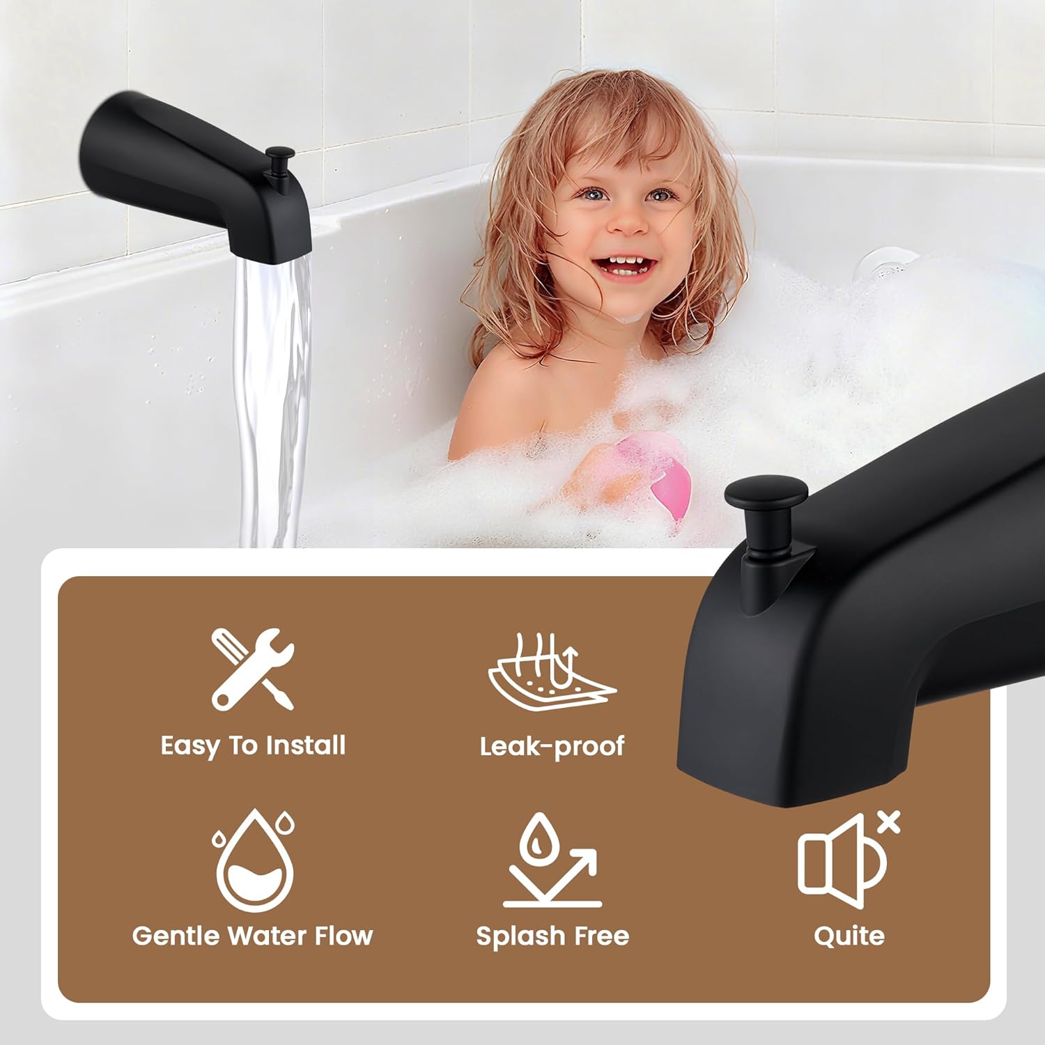Bath Tub Spout, Plastic Slip-On Wall Front Mount, Fits 1/2'' Copper Pipe (4 Inch Reach), Includes Hex Wrench, Matte Black