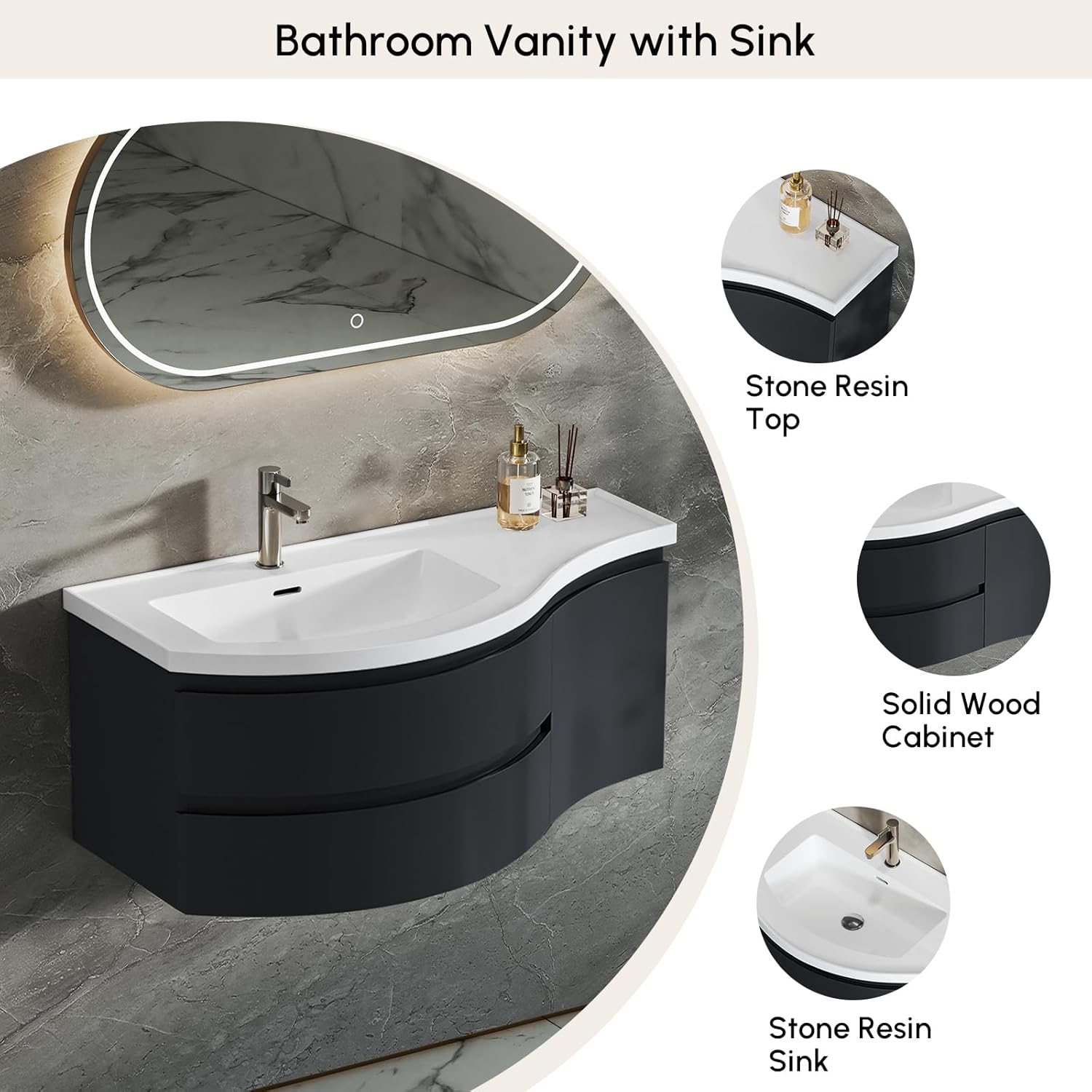 Floating Bathroom Vanity with Sink, 35.4" Modern Curved Bathroom Vanity, Wall Mounted Half-Circle Bathroom Cabinet, White & Black, Left-Hand Sink