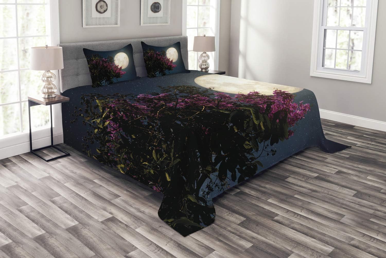 Super Big Clearance! Ambesonne Moon Bedspread, Cherry Blossom with Stars from Milky Way Eastern Night Sky Full Moon, Decorative Quilted 3 Piece Coverlet Set with 2 Pillow Shams, Queen Size, Navy Purple 50% Off Discount Ambesonne Moon Bedspread, Cherry Blossom with Stars from Milky Way Eastern Night Sky Full Moon, Decorative Quilted 3 Piece Coverlet Set with 2 Pillow Shams, Queen Size, Navy Purple