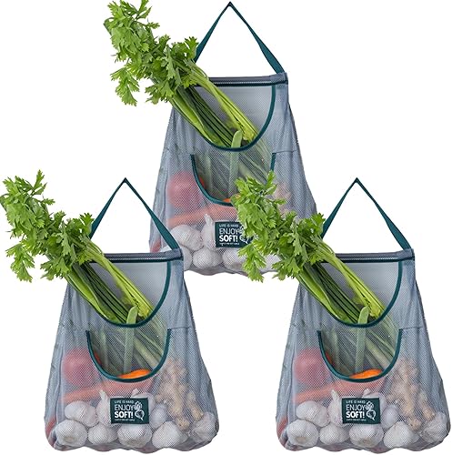 Miniatura 8 de 3 bolsas de almacenamiento de malla reutilizables para colgar, bolsas portátiles para productos de cocina, bolsa de red para colgar en la cocina,