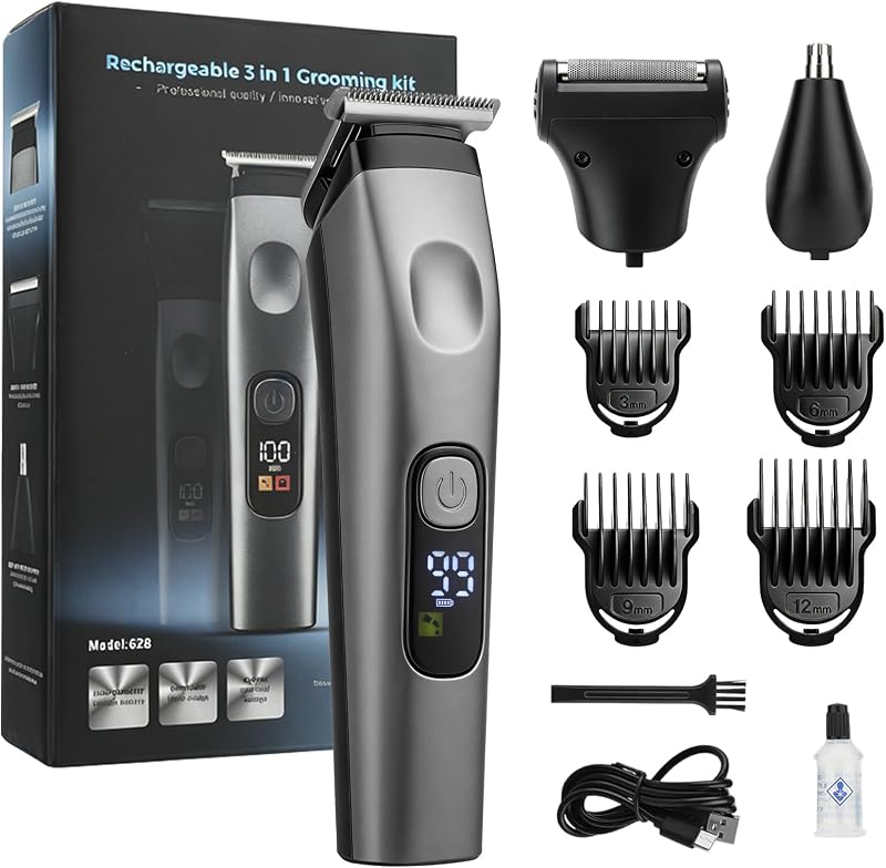 Aparador de barba e pelos TogBeut 3 em 1 com pentes de 3, 6, 9 e 12 mm, recarregável via USB, modelo 628